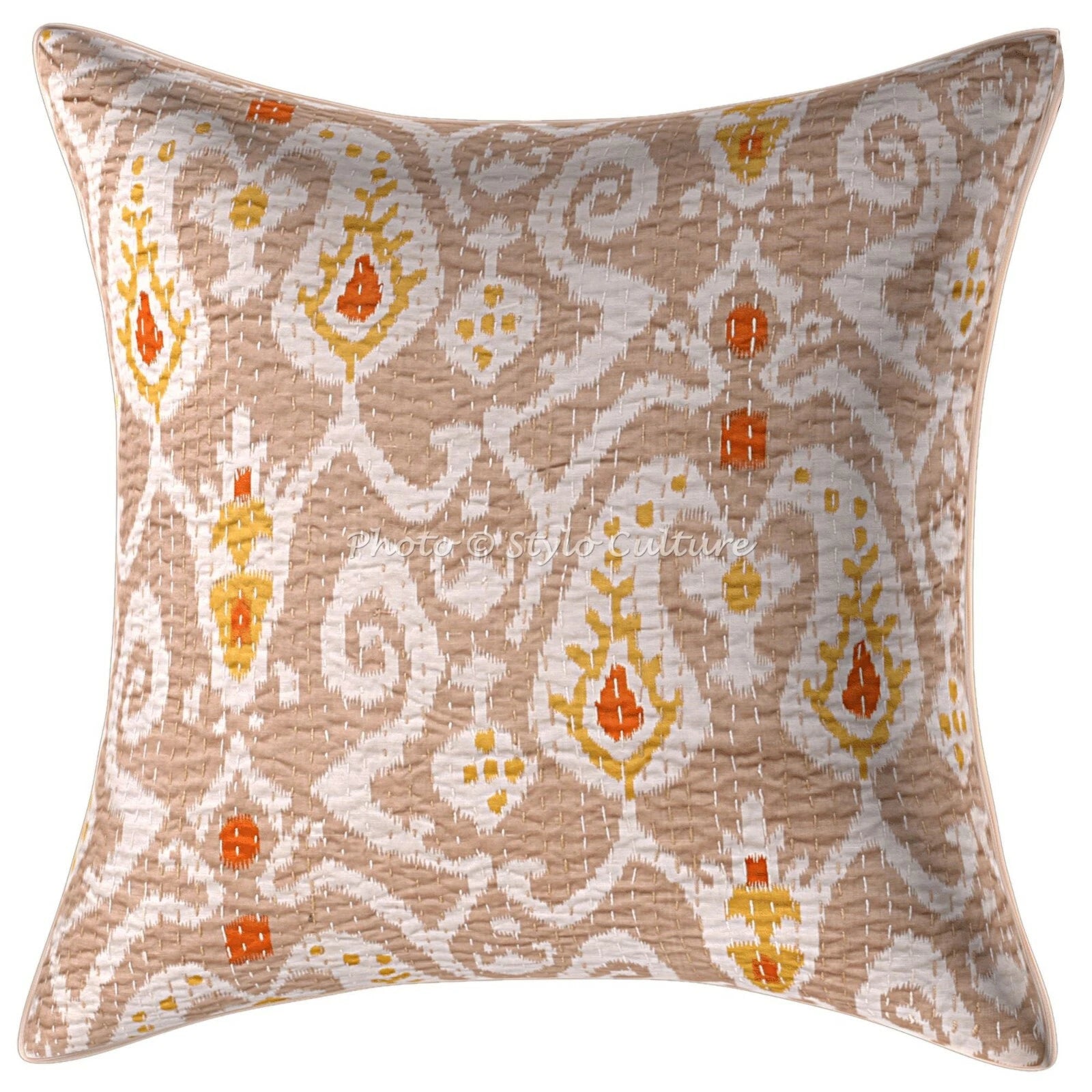 Decorative Handmade Cotton Kantha Pillow Cover Beige Ikat Sofa Pillow Cover
