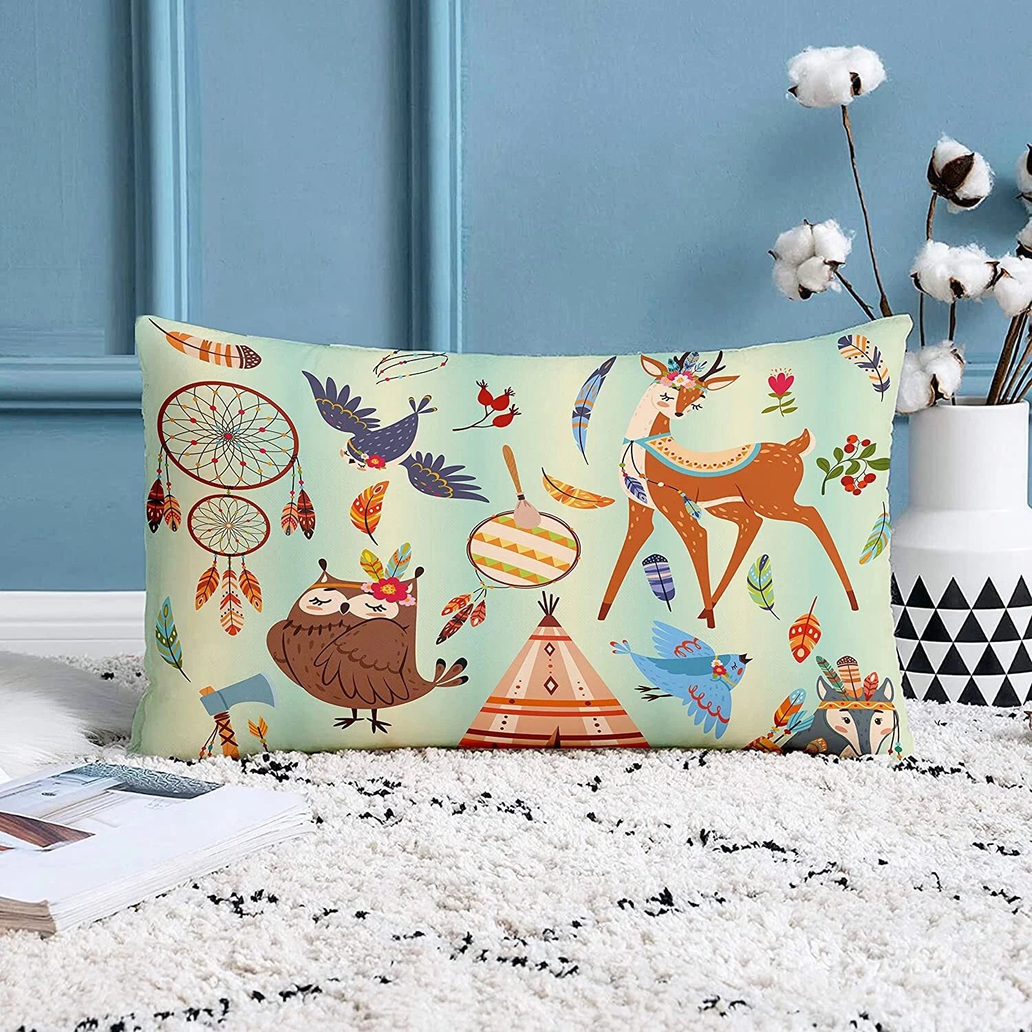 Owl Printed Canvas Cotton Cushion Covers (12 x 18 Inches) -Combo Set of 2