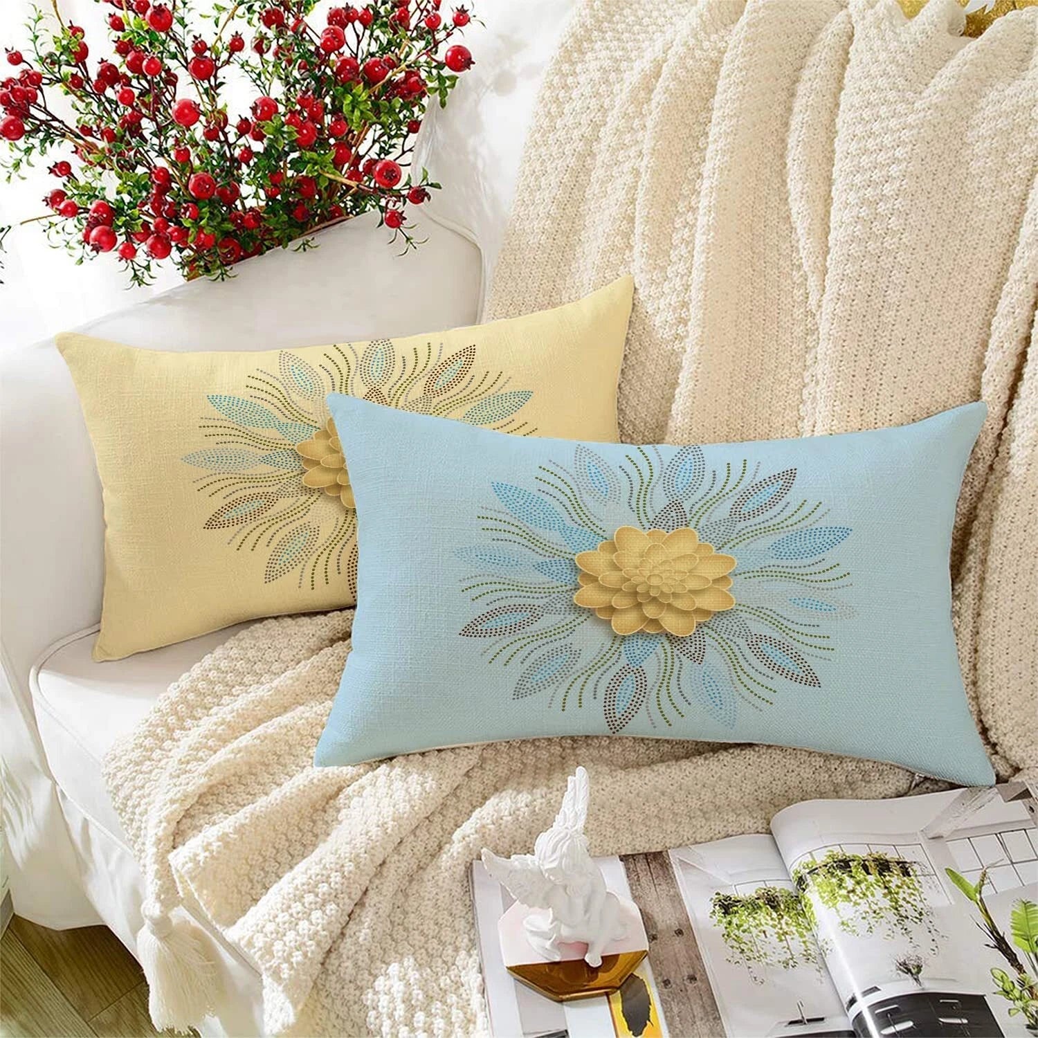 Gold Floral Printed Cotton Canvas Rectangular Cushion Covers,Set of 2 (12 x 18in