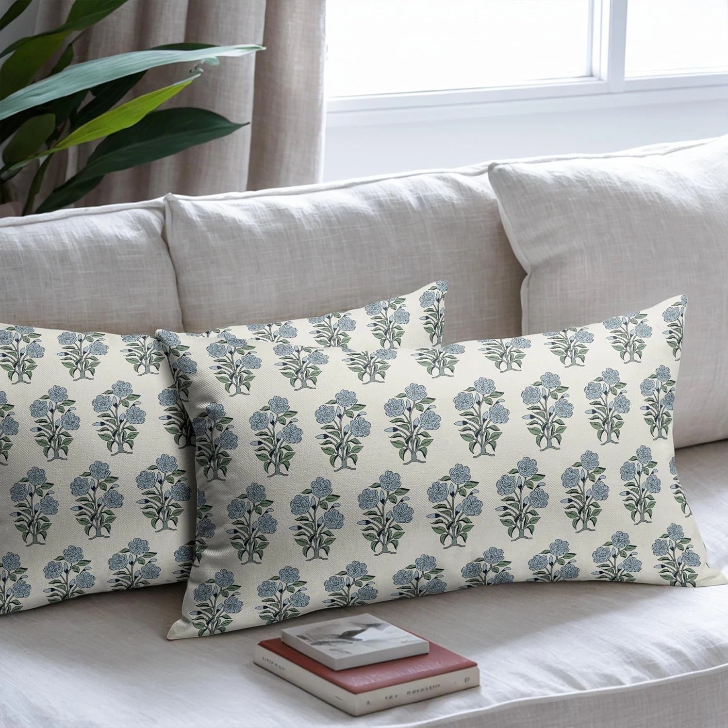 Blue Green Floral Block Print Lumbar Pillow Covers 12X20 Set of 2 Chinoiserie Fl