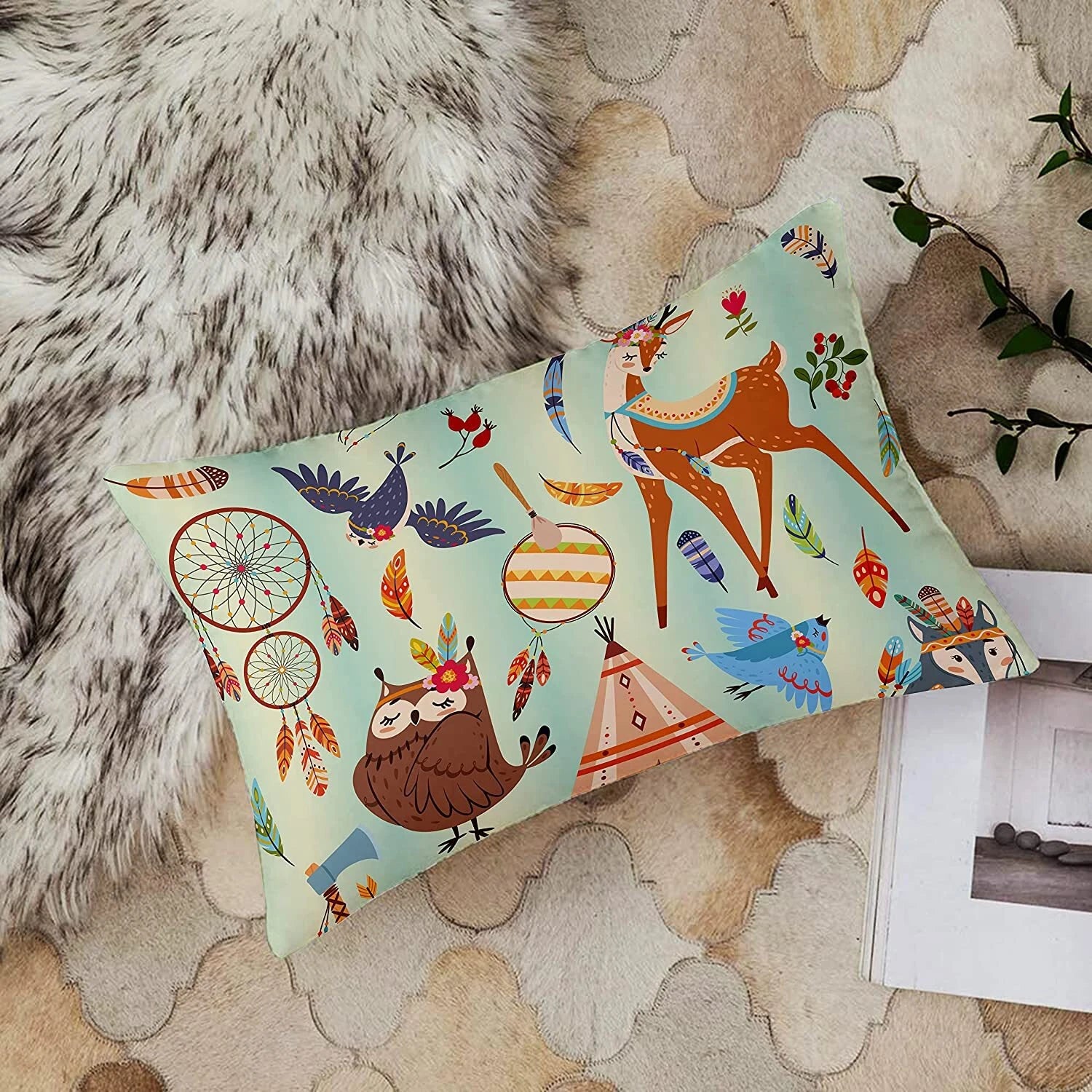 Owl Printed Canvas Cotton Cushion Covers (12 x 18 Inches) -Combo Set of 2