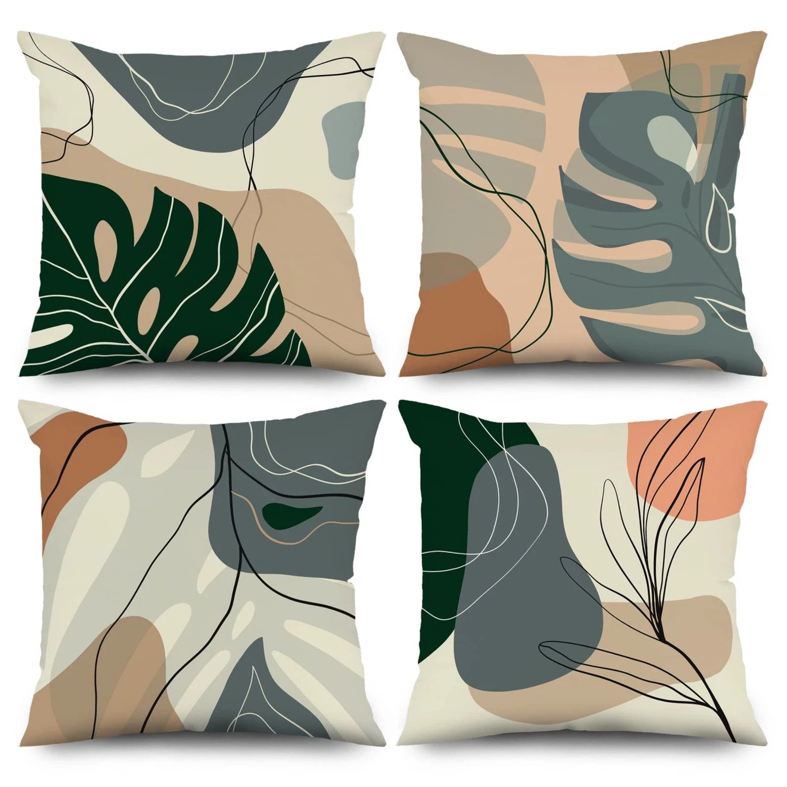 Abstract Leaves Throw Pillow Covers 18''x18'' Set of 4, Geometric Pattern Cus...