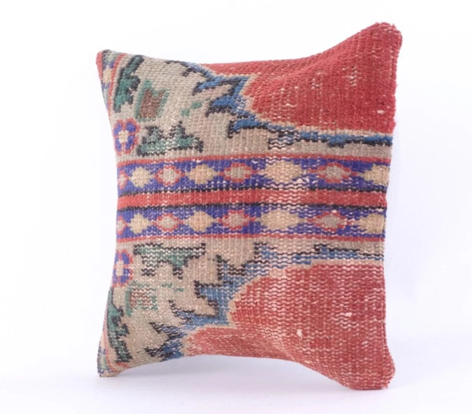 Hand Woven Wool Jute Kilim 16x16 Cushion Cover Indian Vintage Pillows Boho