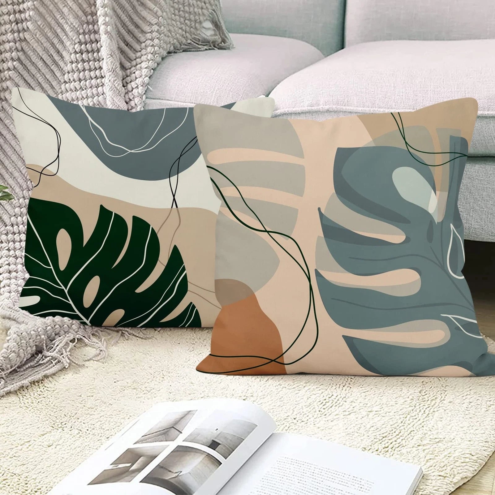 Abstract Leaves Throw Pillow Covers 18''x18'' Set of 4, Geometric Pattern Cus...