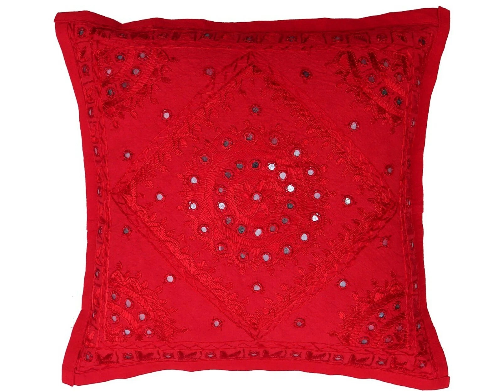 16" Decorative Mirror Embroidered Pucca Cushion Pillow-Cover Sofa Throw Red