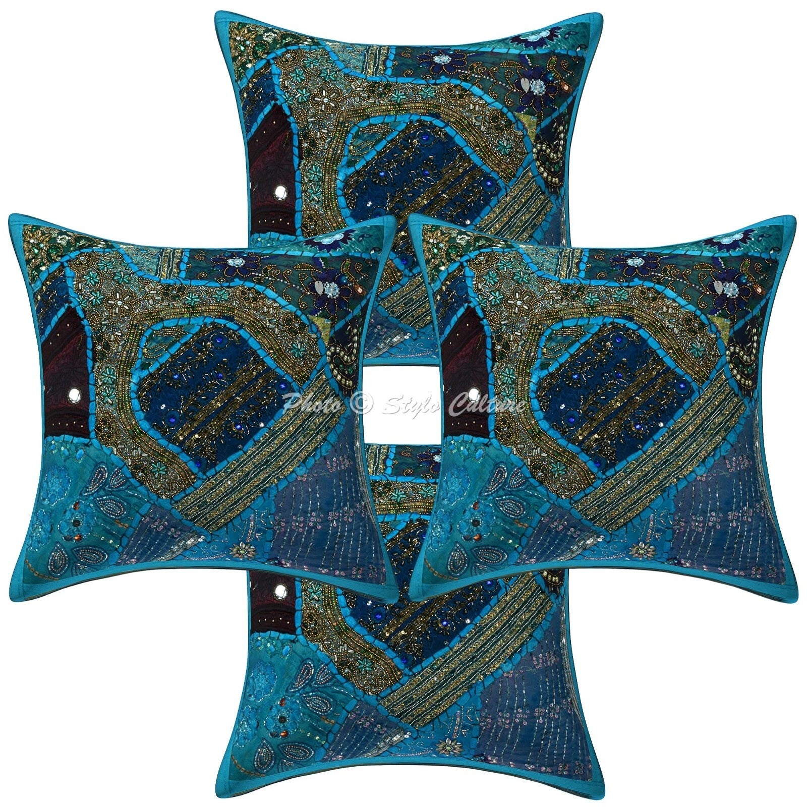 Blue Cushion Cover Beaded Gypsy Handmade Boho Ethnic Tribal Ethnic Hippie Pillow