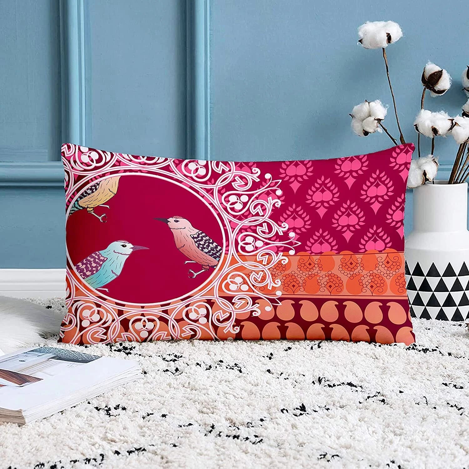 Birds Printed Cotton Canvas Rectangular Premium Quality Cushion Covers, Set of 2