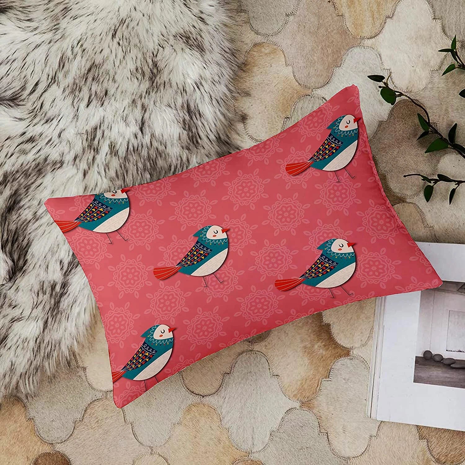 Birds Printed Canvas Cotton Cushion Covers, Combo Set of 2 ( 12 x 18 Inches )