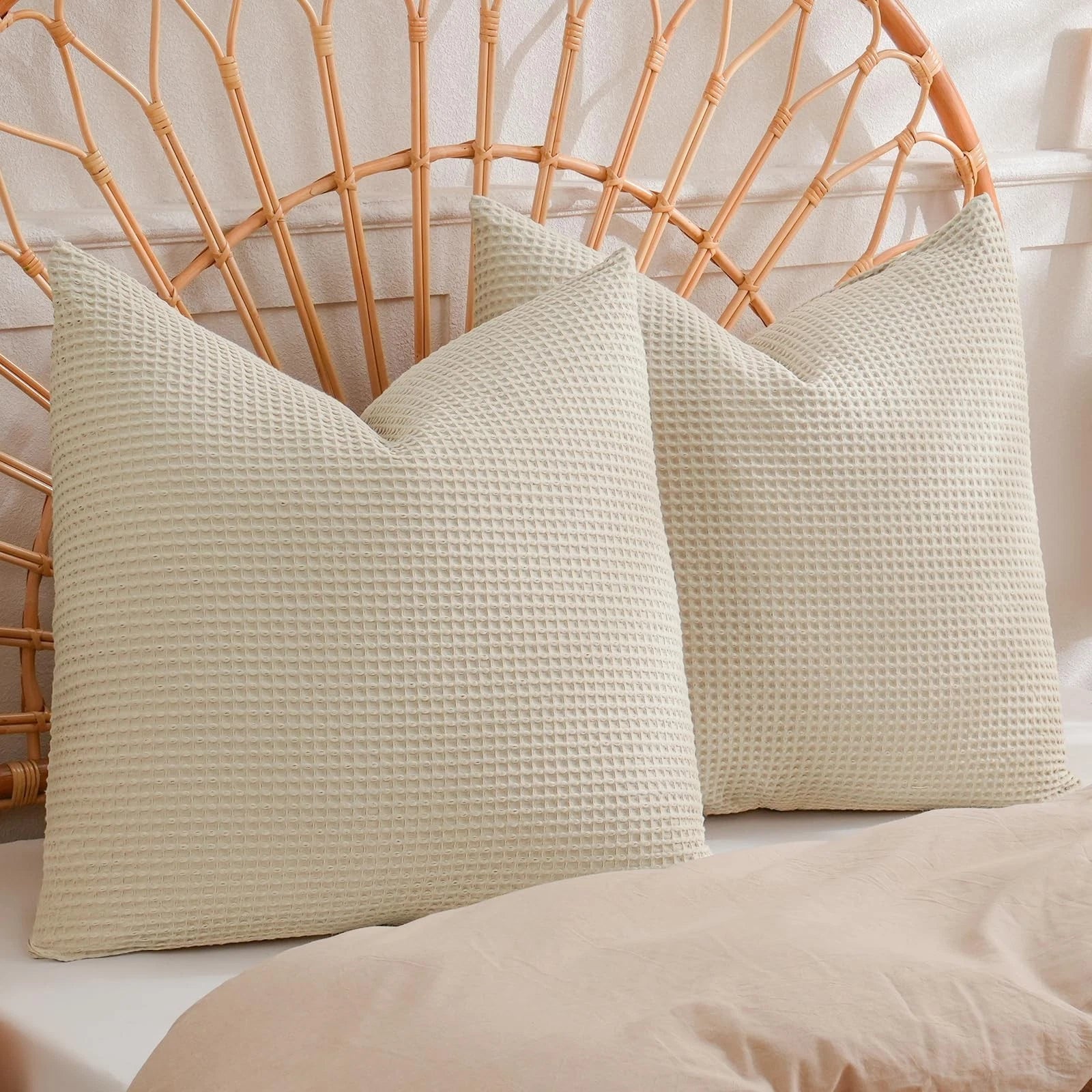 PHF 100% Cotton Waffle Weave Throw Pillow Cover, 22" x 22", No Filling, 2 Pac...