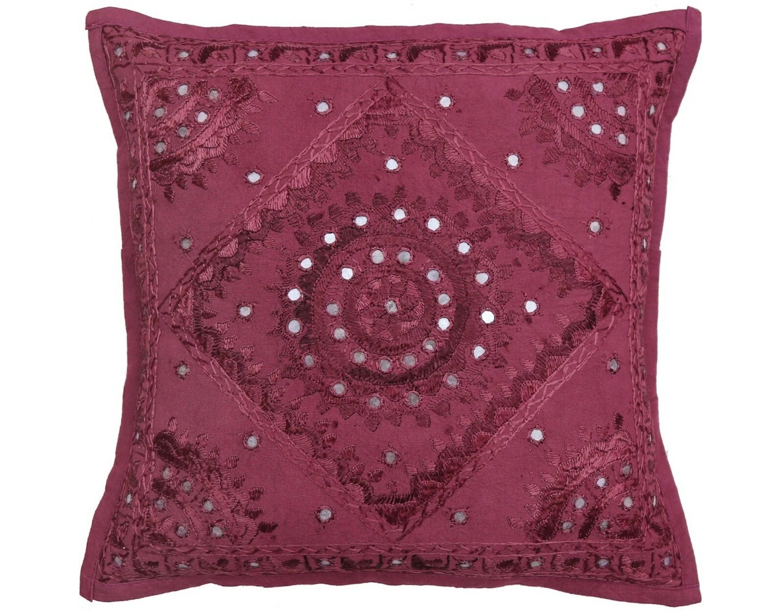 16" Decorative Mirror Embroidered Pucca Cushion Pillow-Cover Sofa Throw Wine Red