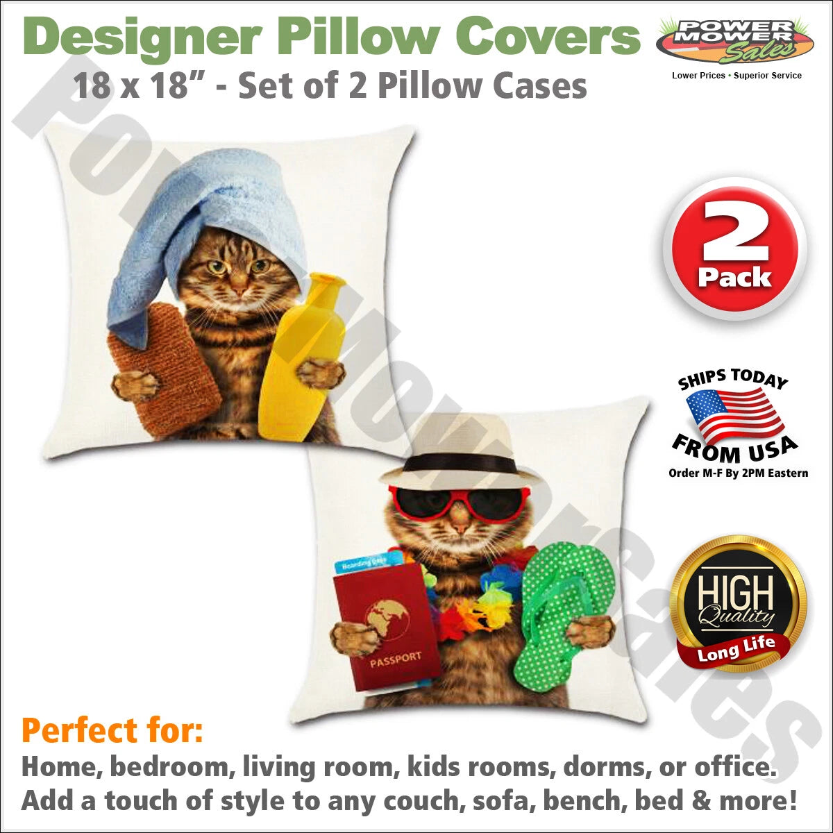 Set of 2 Pillow Covers 18x18, Cats Bath and Travel Design, Cotton Linen Fabric