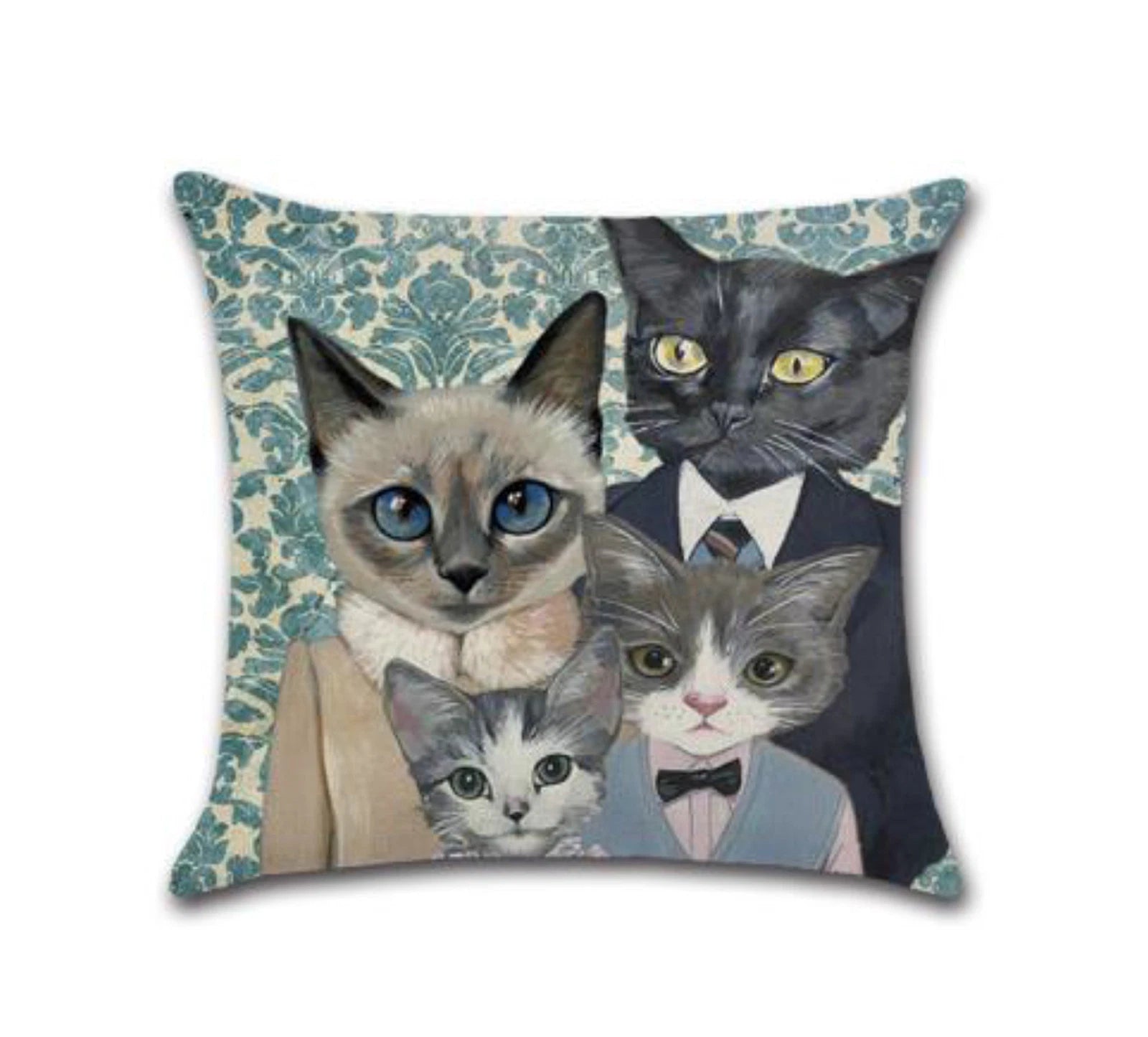 Set of 2 Pillow Covers 18x18, Cat Family Portrait in Suits, Linen Fabric 45x45cm