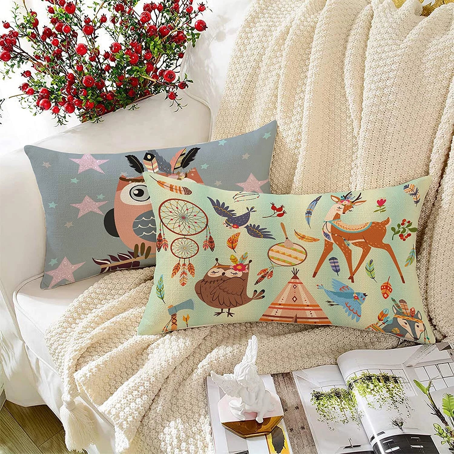 Owl Printed Canvas Cotton Cushion Covers (12 x 18 Inches) -Combo Set of 2