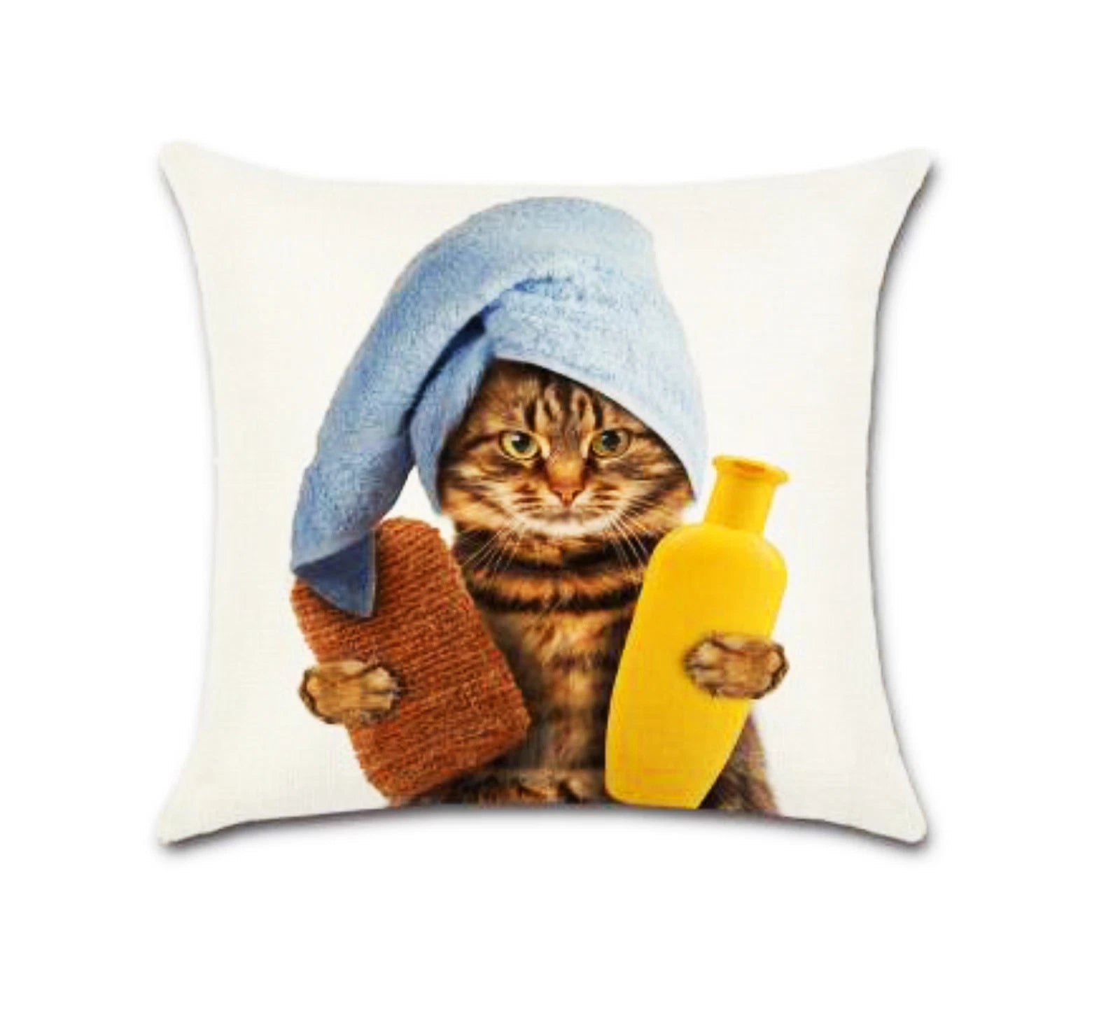 Set of 2 Pillow Covers 18x18, Cats Bath and Travel Design, Cotton Linen Fabric