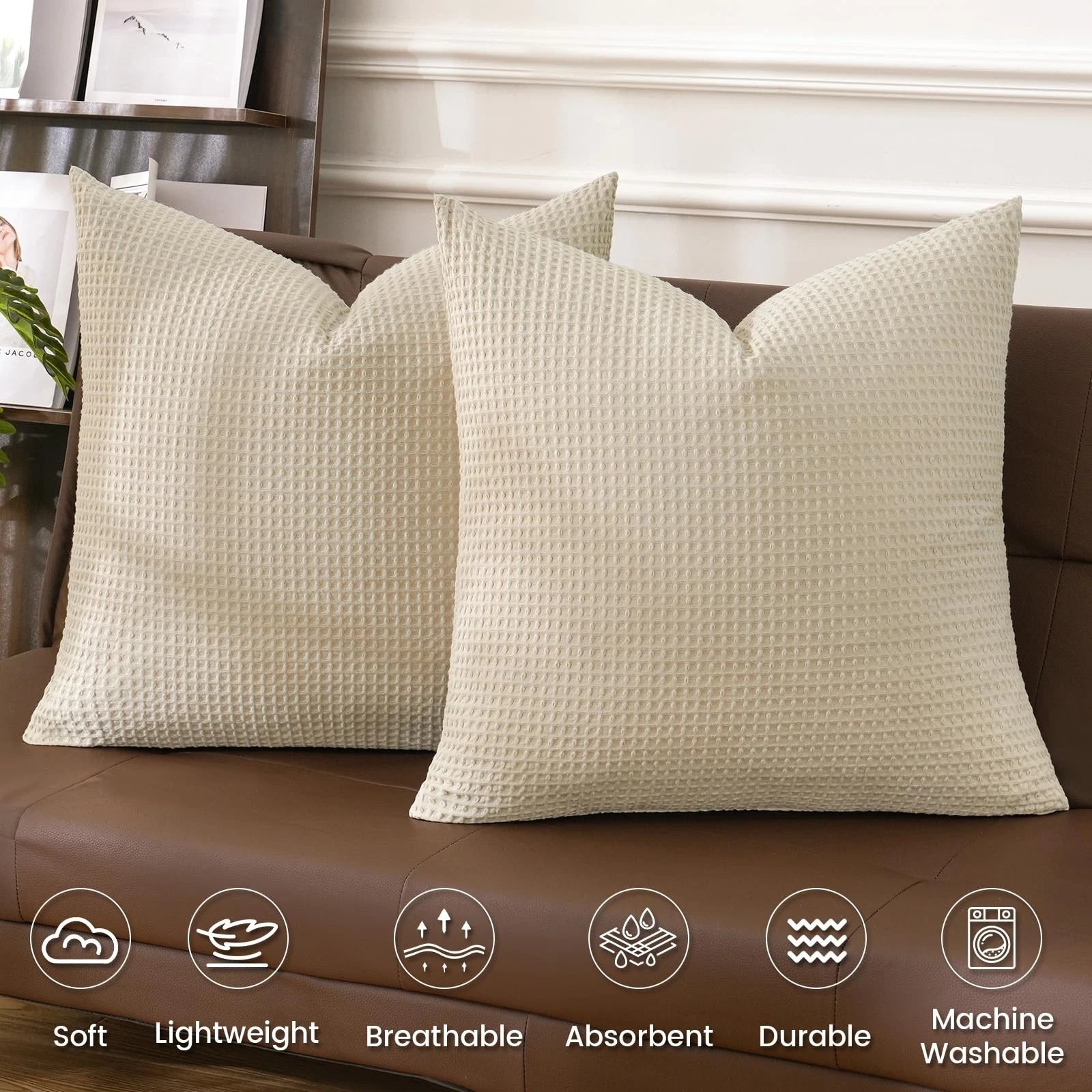 PHF 100% Cotton Waffle Weave Throw Pillow Cover, 22" x 22", No Filling, 2 Pac...