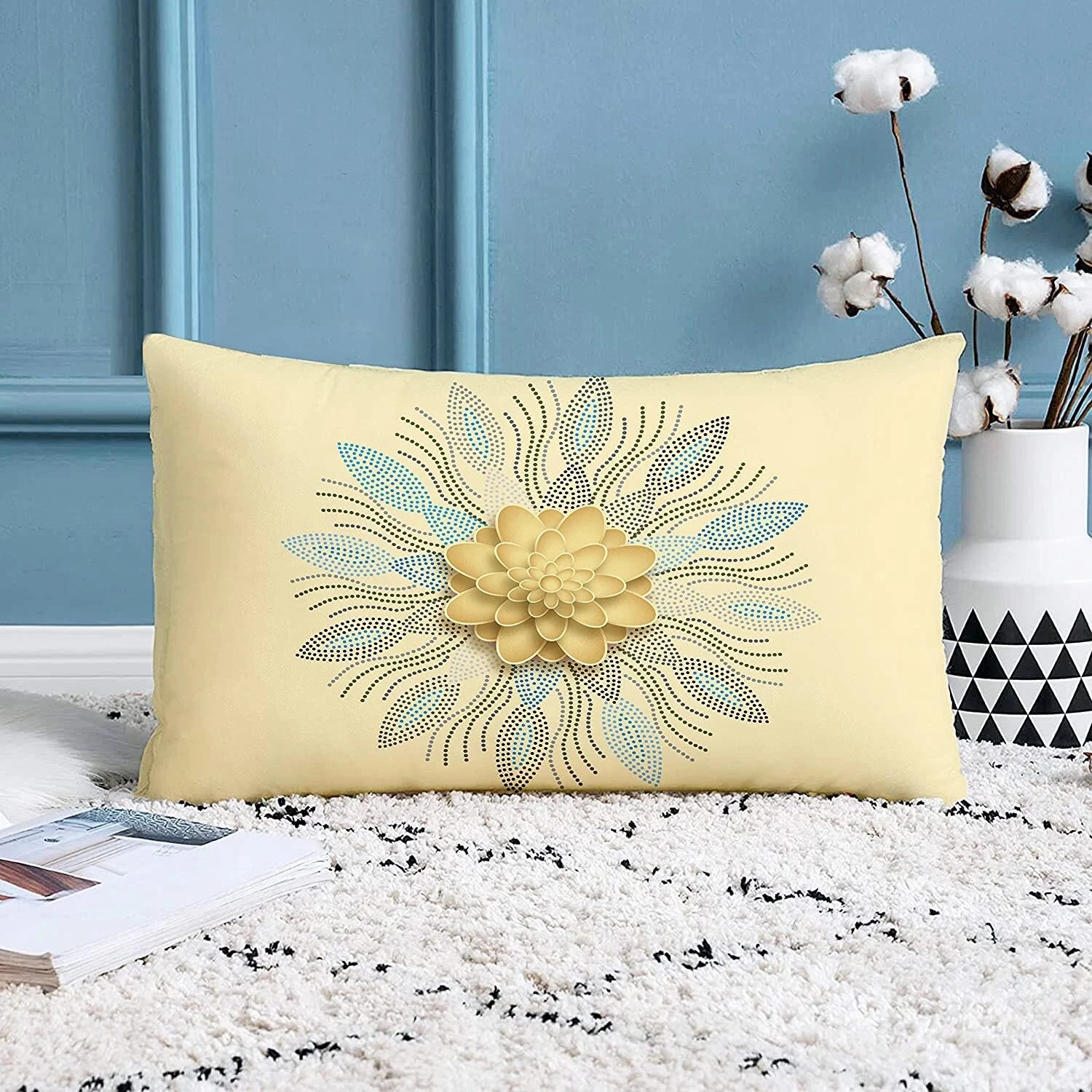 Gold Floral Printed Cotton Canvas Rectangular Cushion Covers,Set of 2 (12 x 18in