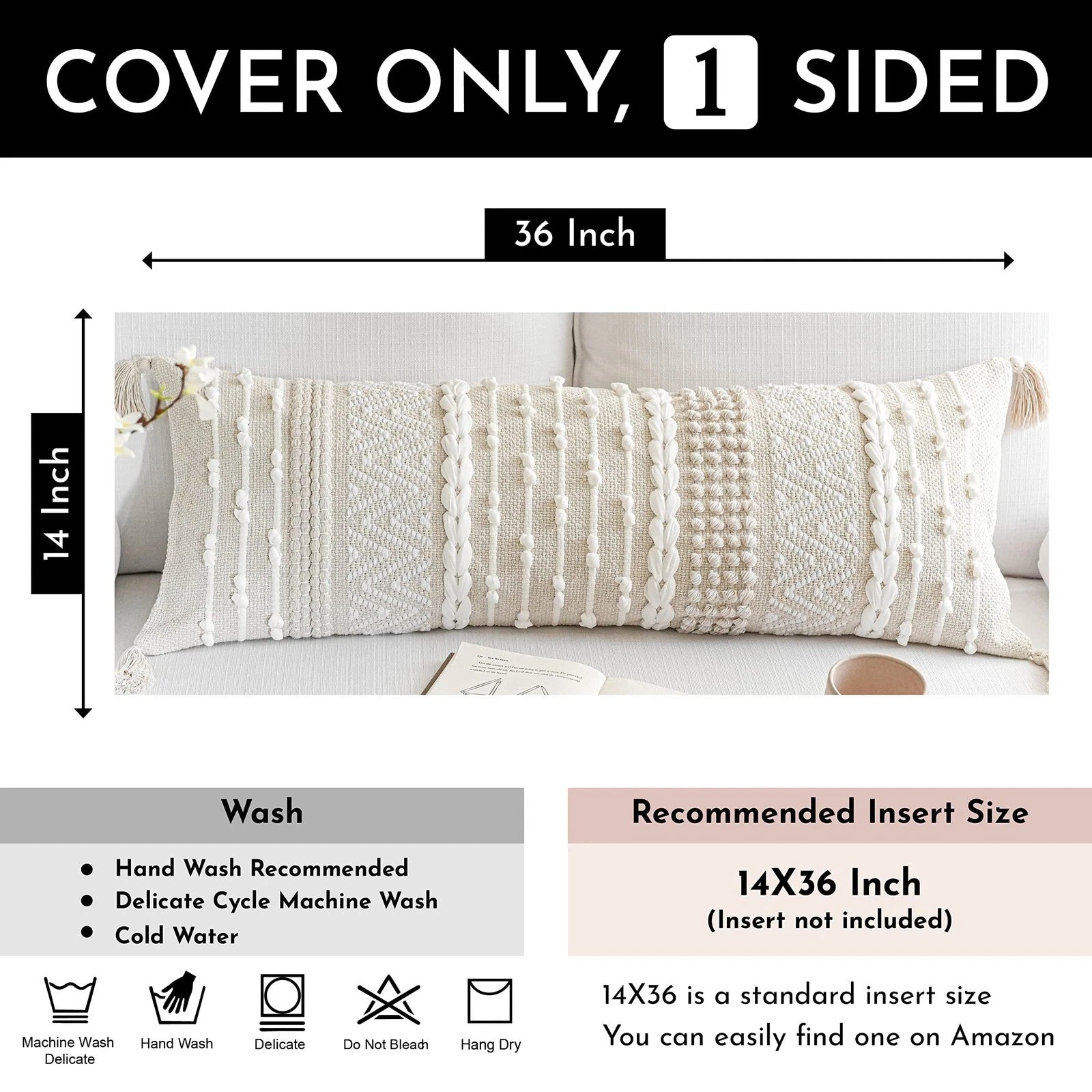 Cream Decorative Lumbar Throw Pillow Cover 14x36 Boho Long Cushion for Bed Ne...