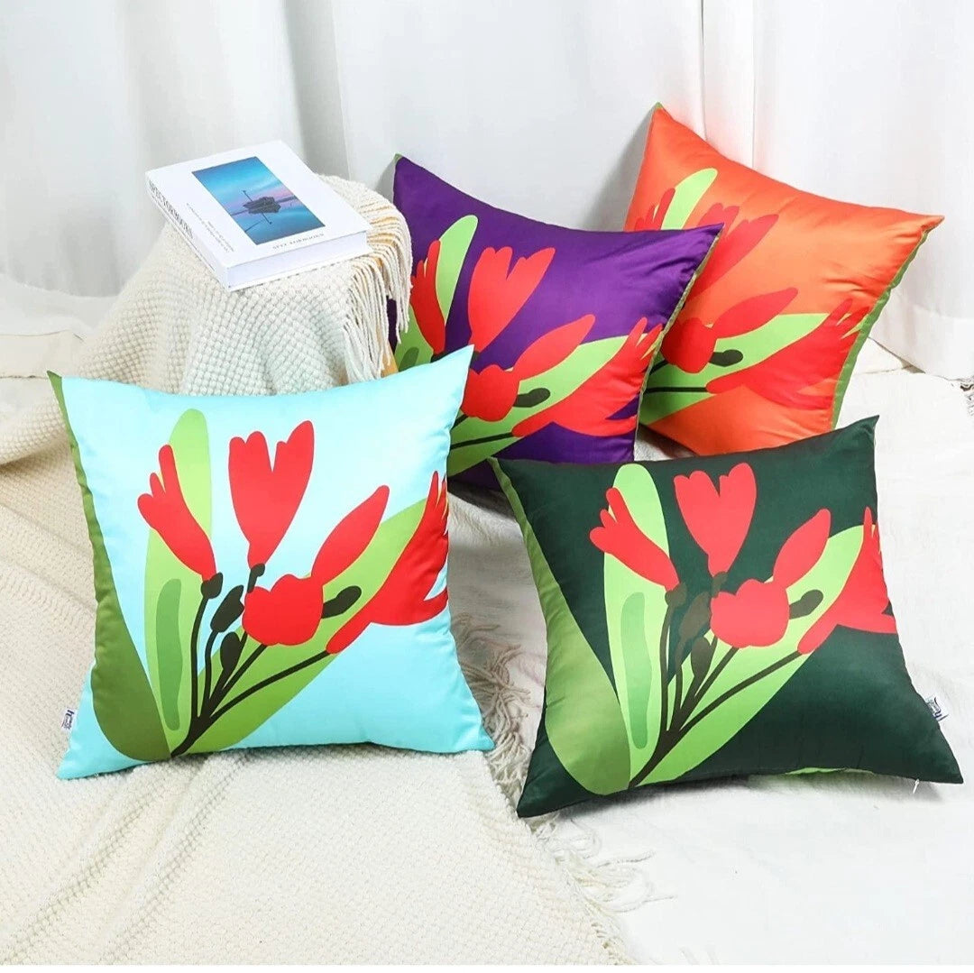 Howdy Textile Set of 2 Sky Blue Flower Decor Pillow Case 18x18 Spring Summer Red