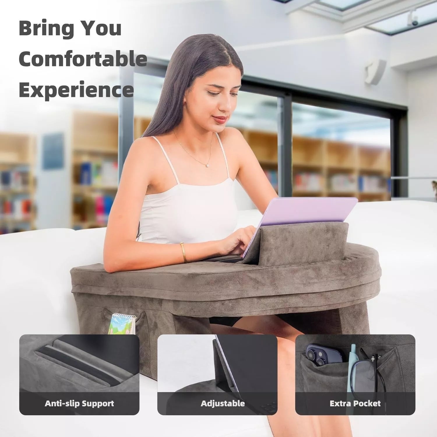 Reading Pillow for Bedroom, Memory Foam Gaming Pillow with Side Pockets for Adul