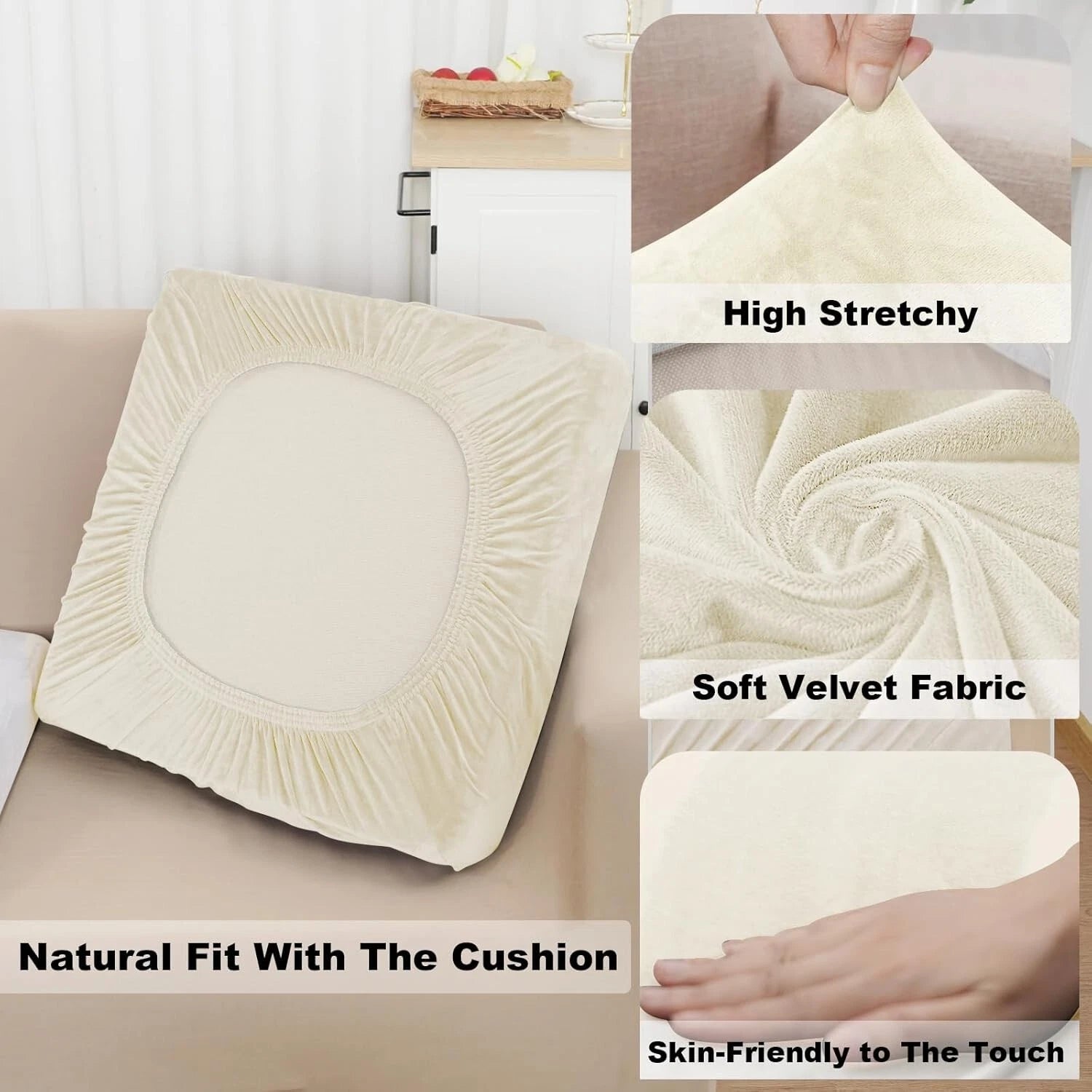 Universal Stretch Velvet L-Shape Couch Slipcovers with 2 Pillowcases - Cream