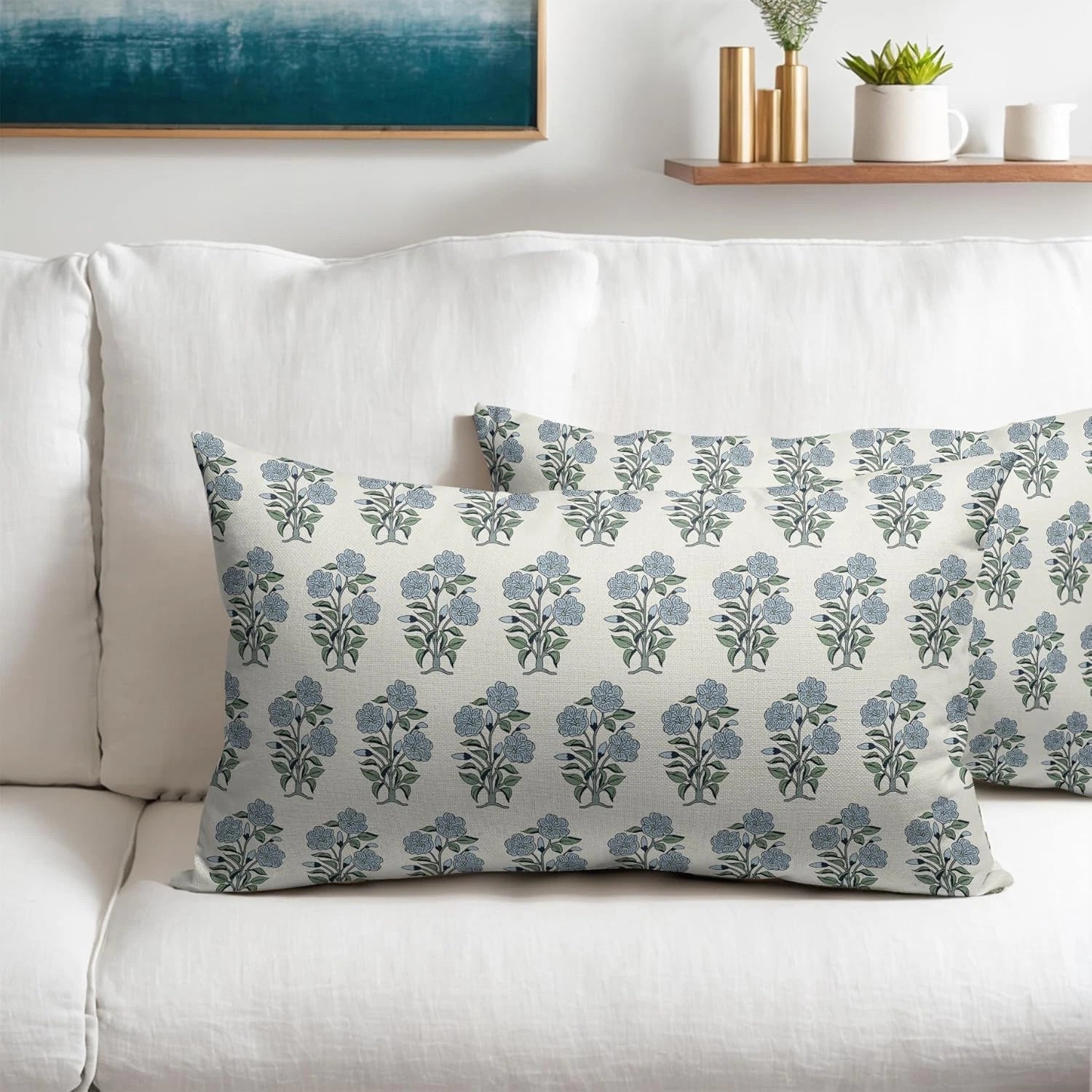 Blue Green Floral Block Print Lumbar Pillow Covers 12X20 Set of 2 Chinoiserie Fl