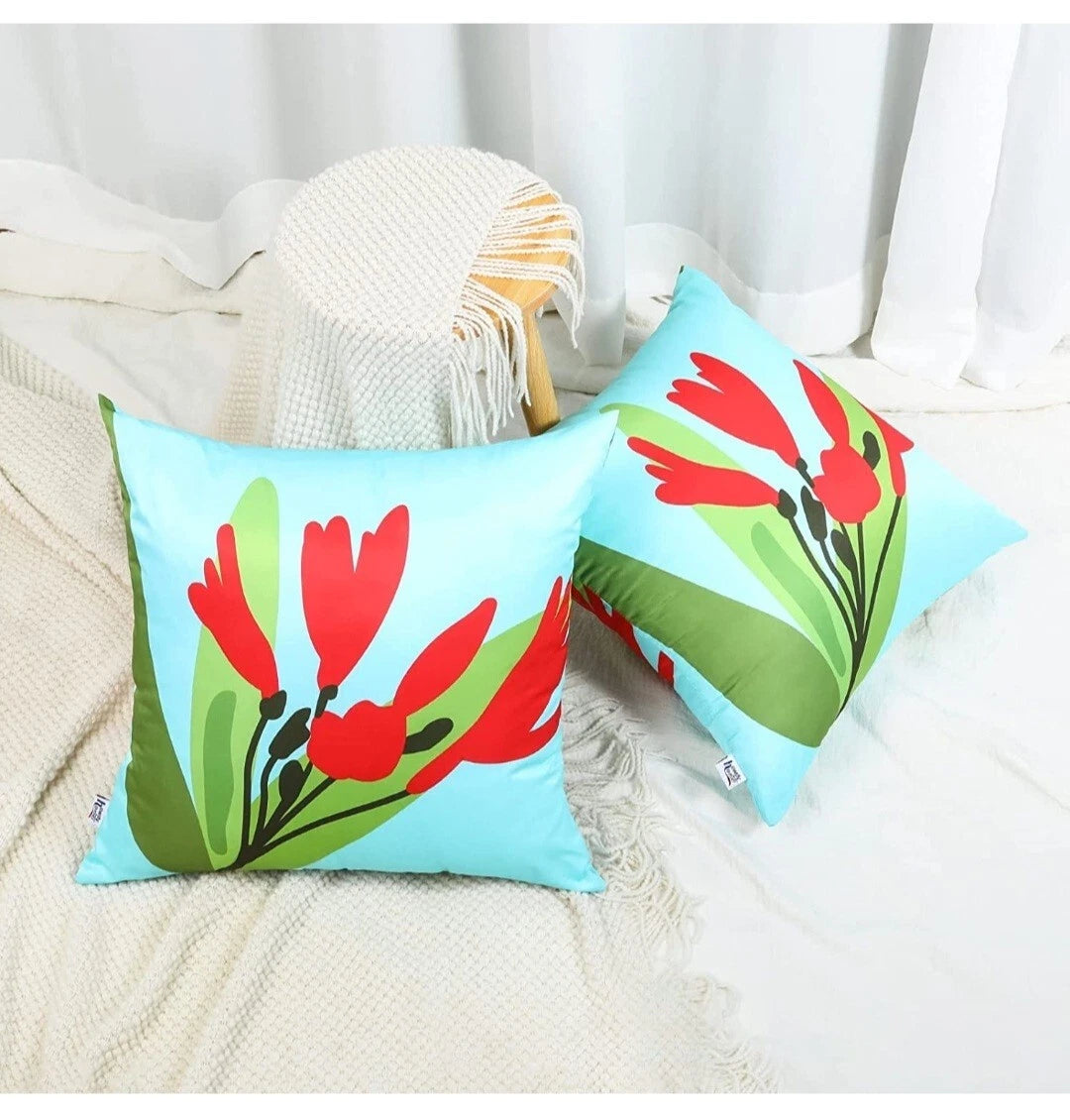 Howdy Textile Set of 2 Sky Blue Flower Decor Pillow Case 18x18 Spring Summer Red