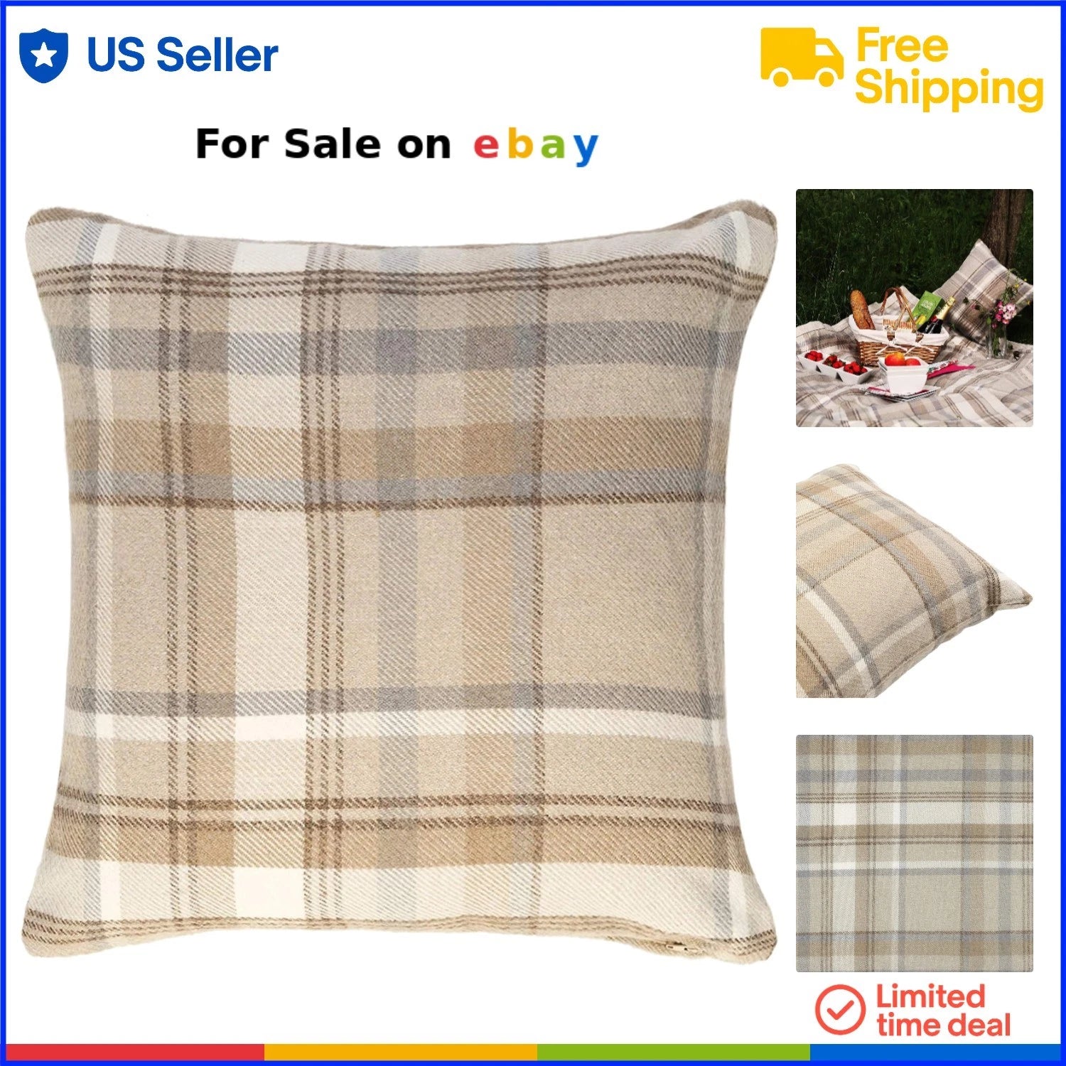 Decorative Throw Pillow Cover Beige Tartan 17x17 for Ranch and Country