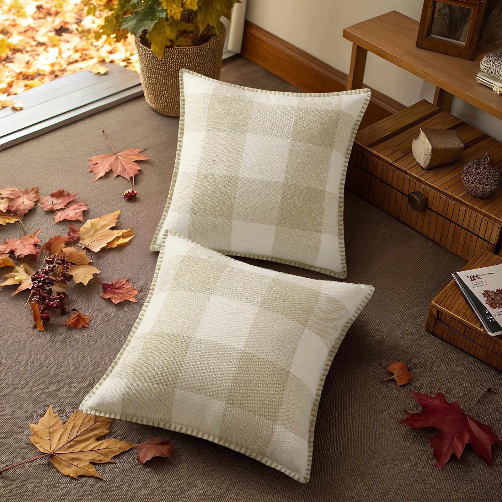 Buffalo Plaid Check Fall Throw Pillow Covers 18x18 Set of 2, Outdoor Decorati...