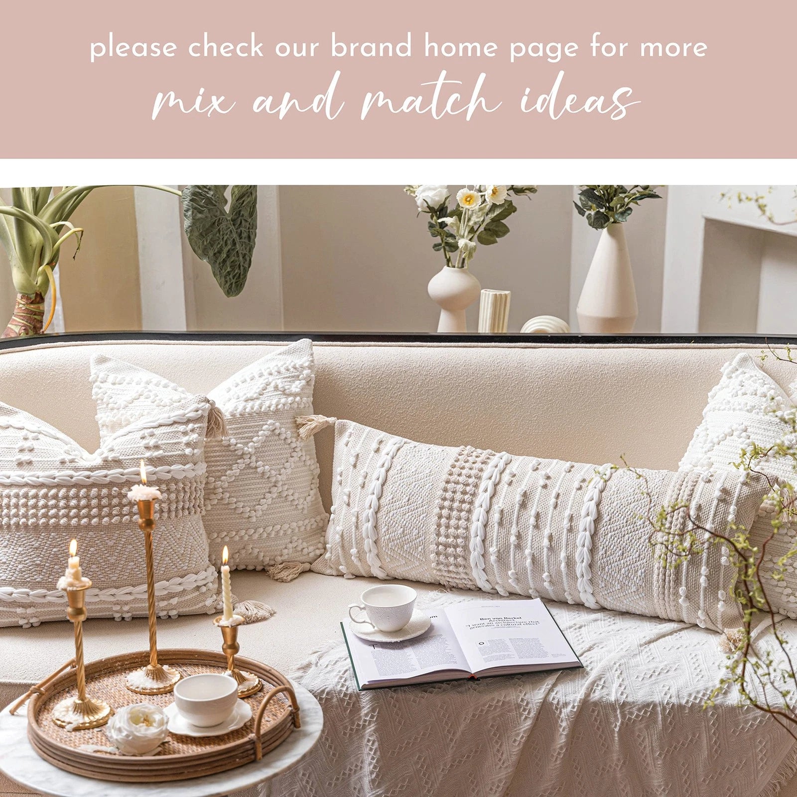 Cream Decorative Lumbar Throw Pillow Cover 14x36 Boho Long Cushion for Bed Ne...