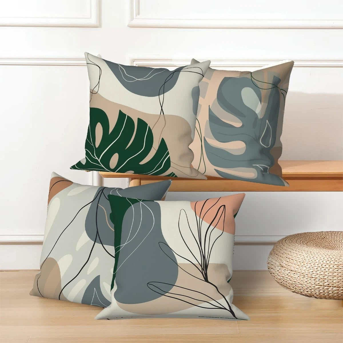 Abstract Leaves Throw Pillow Covers 18''x18'' Set of 4, Geometric Pattern Cus...