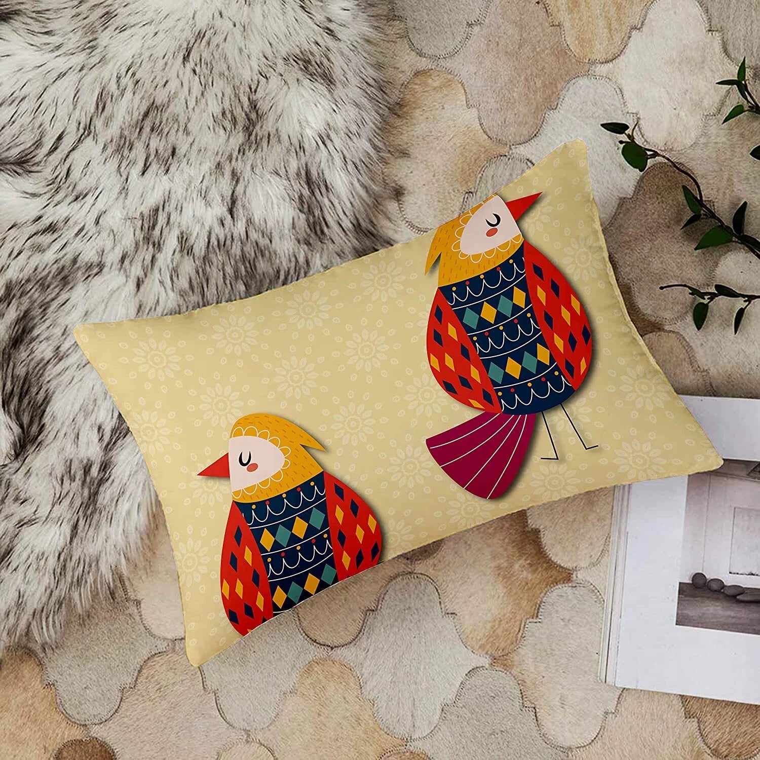 Birds Printed Canvas Cotton Cushion Covers, Combo Set of 2 ( 12 x 18 Inches )