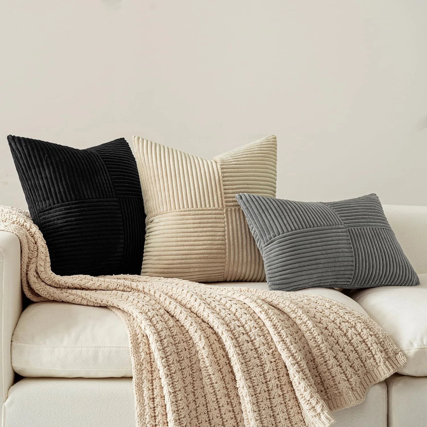 MIULEE Black Corduroy Pillow Covers Pack of 2 Boho Decorative Spliced Throw P...