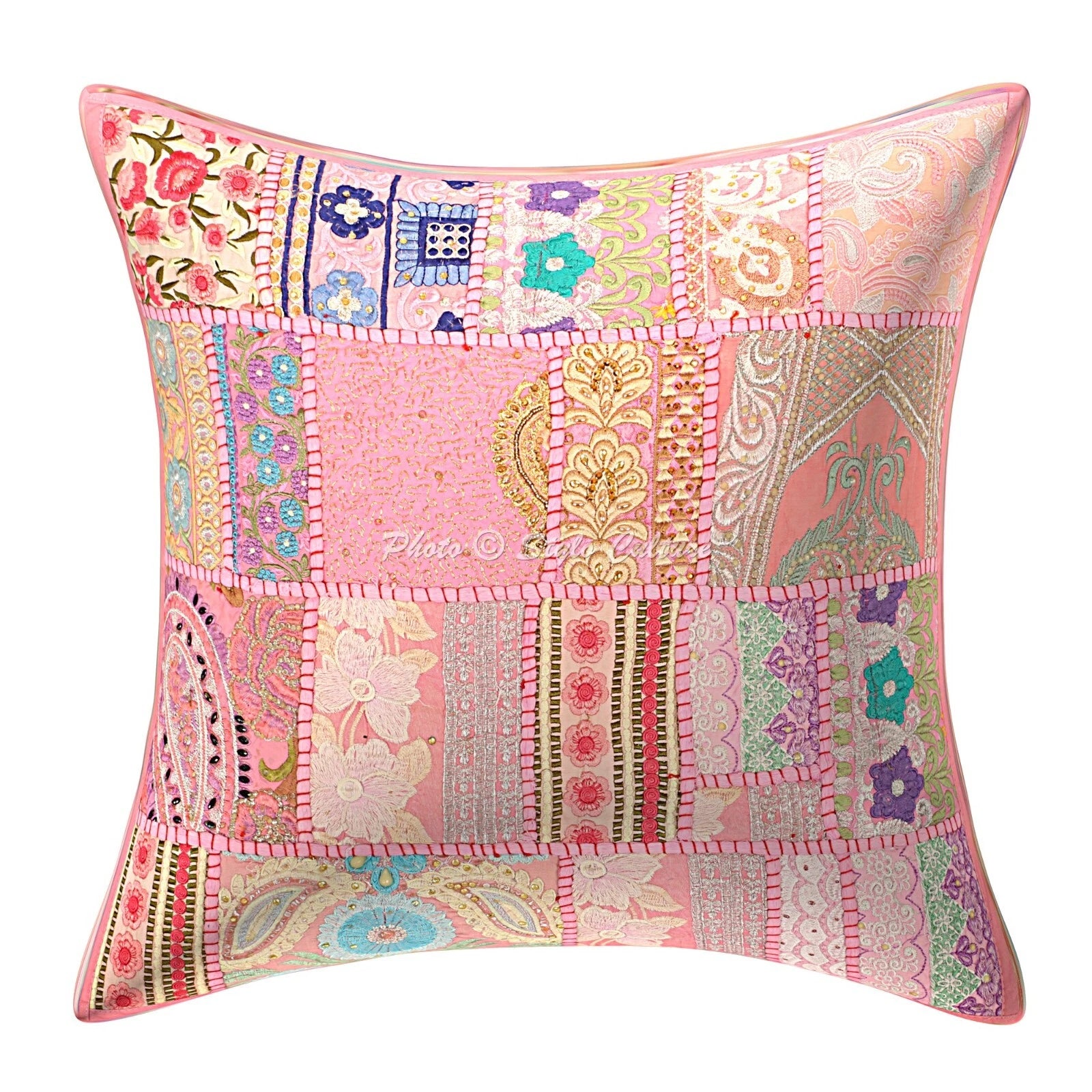Pink Cushion Cover Vintage Gypsy Handmade Indian Tribal Ethnic Hippie Pillow
