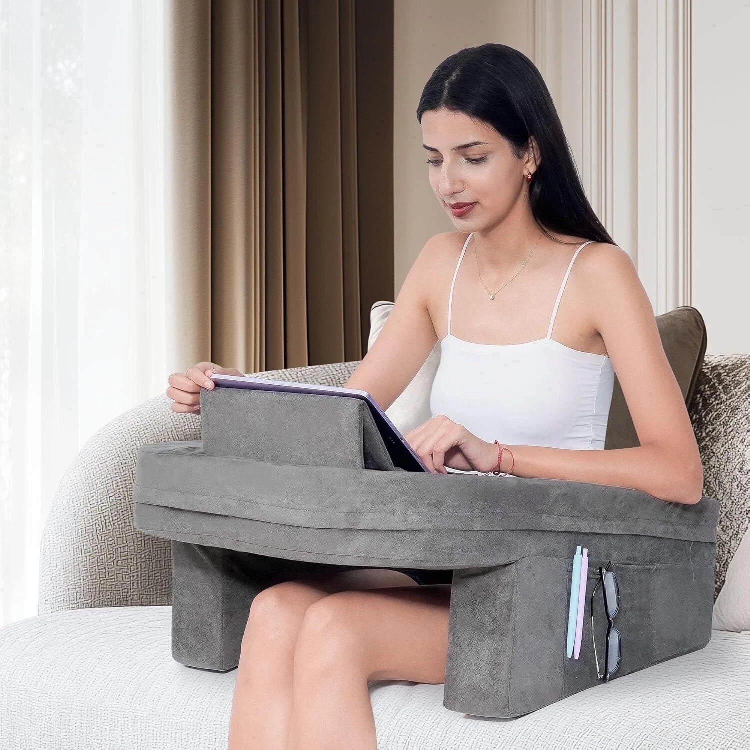 Reading Pillow for Bedroom, Memory Foam Gaming Pillow with Side Pockets for Adul