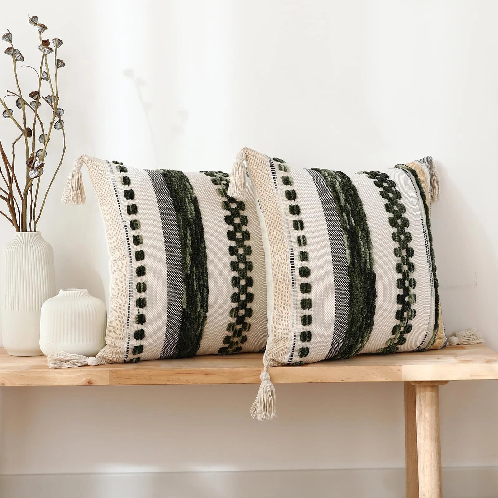 Set of 2 Boho Throw Pillow Covers 18x18 inch Woven Tufted Farmhouse Pillows C...