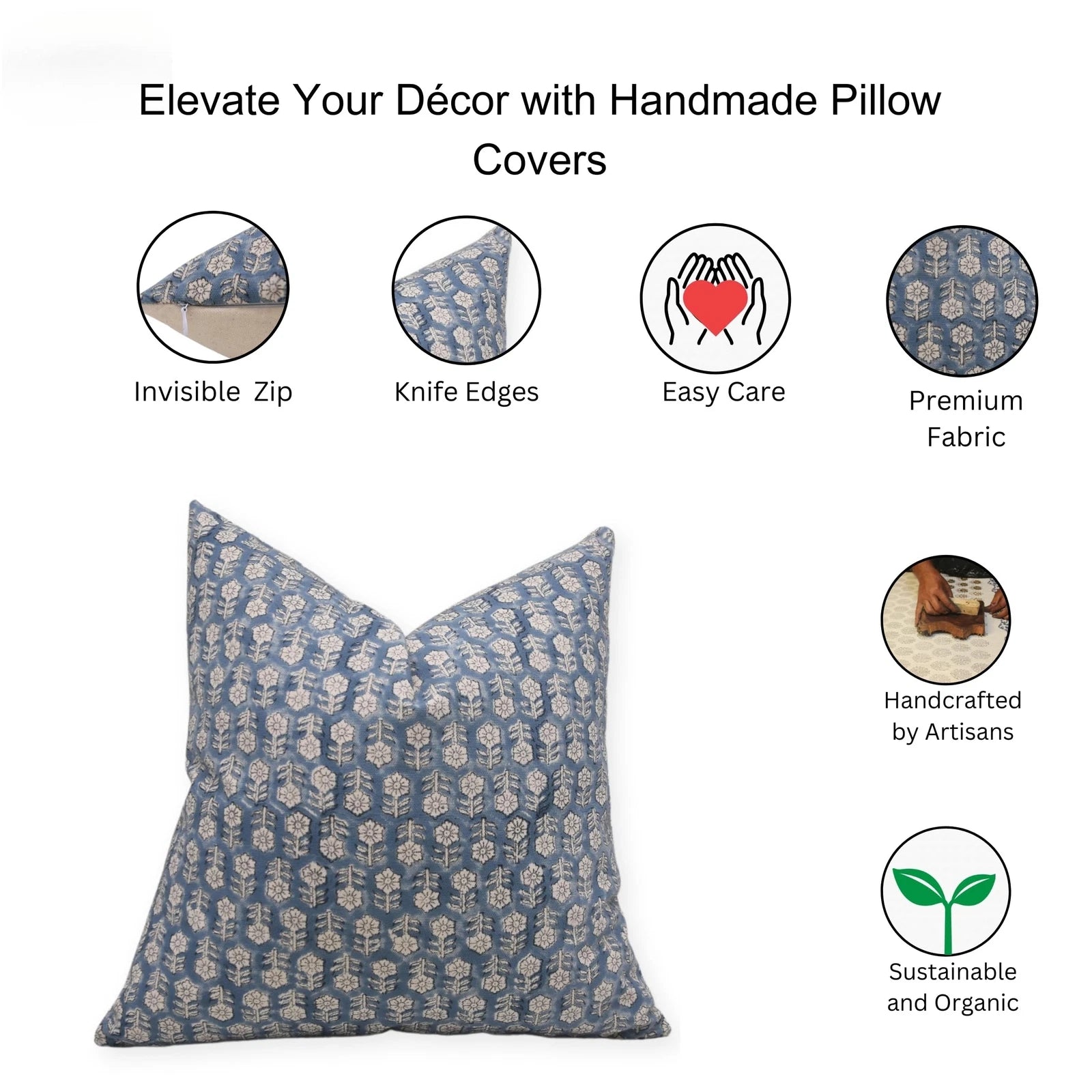 Handmade Block Print 16X16 Inch Duck Canvas Cotton Throw Pillowcase Cushion C...