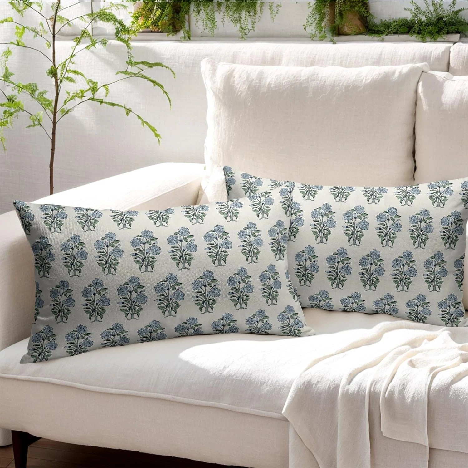 Blue Green Floral Block Print Lumbar Pillow Covers 12X20 Set of 2 Chinoiserie Fl