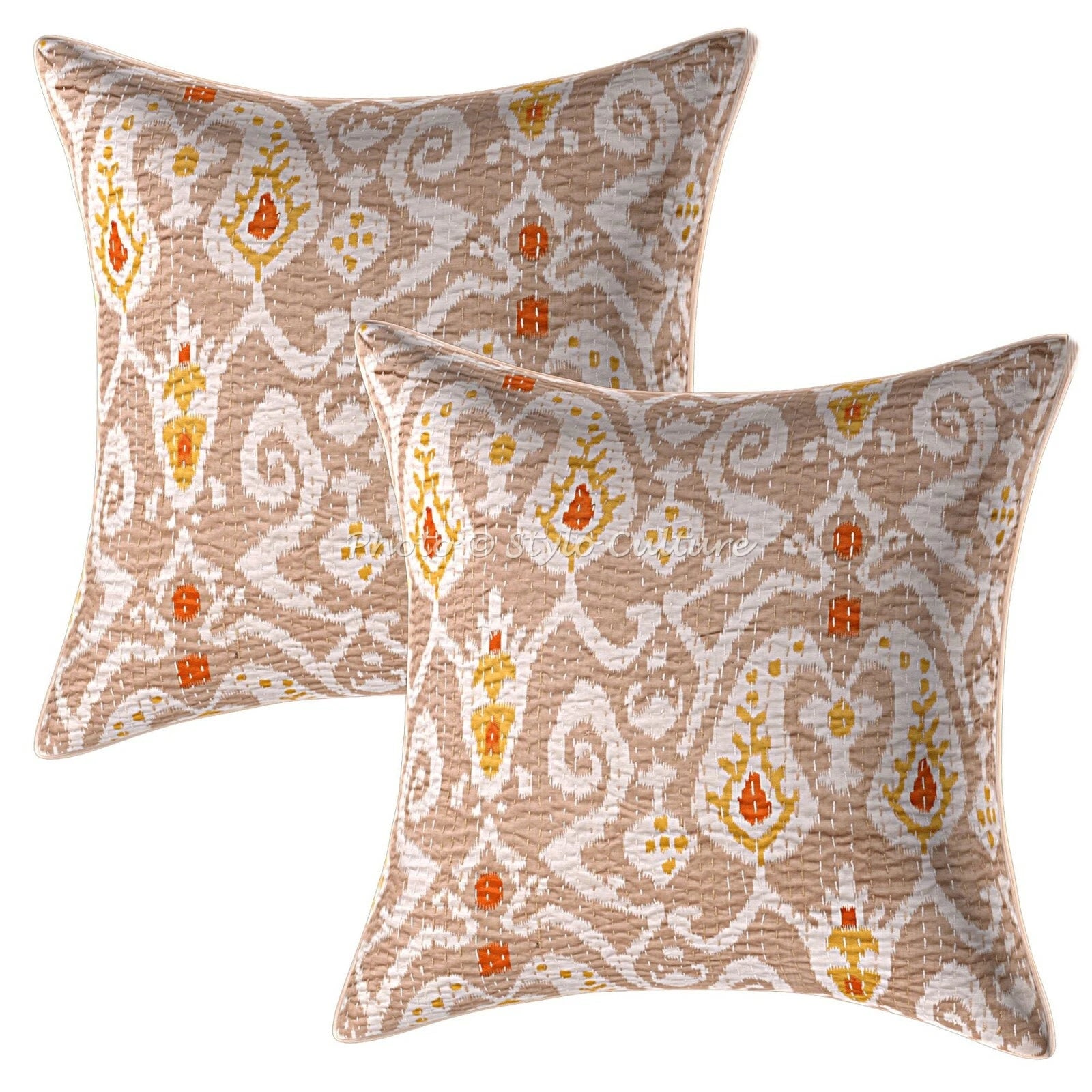 Decorative Handmade Cotton Kantha Pillow Cover Beige Ikat Sofa Pillow Cover