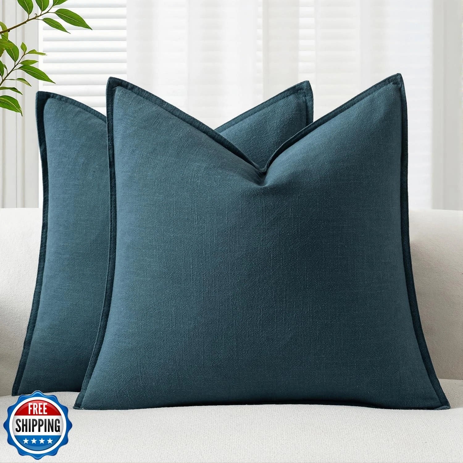 EMEMA Decorative Linen Throw Pillow Covers 20x20 Inch Navy Blue Boho Farmhous