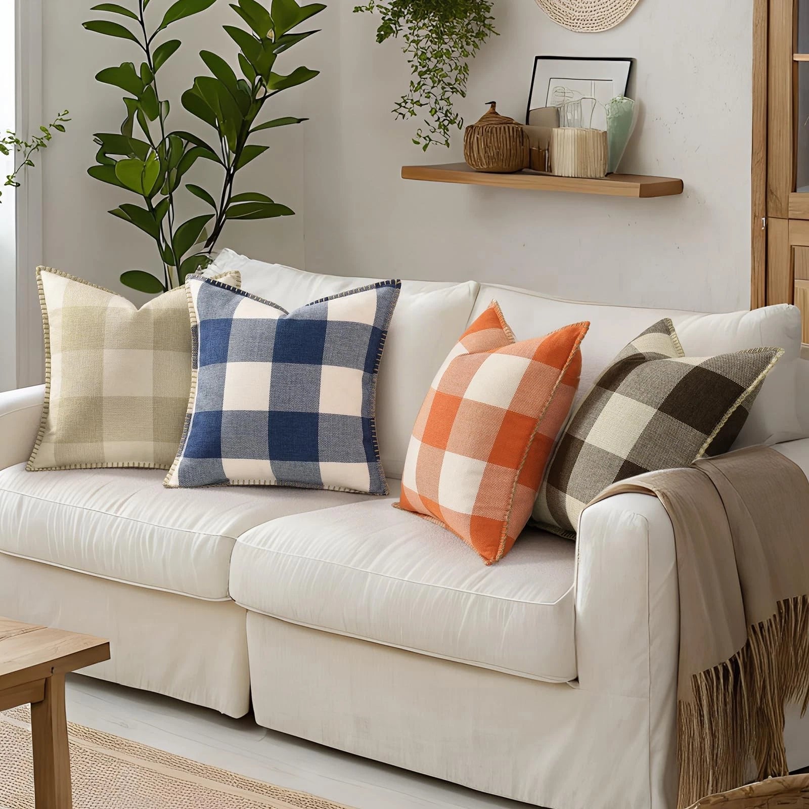 Buffalo Plaid Check Fall Throw Pillow Covers 18x18 Set of 2, Outdoor Decorati...