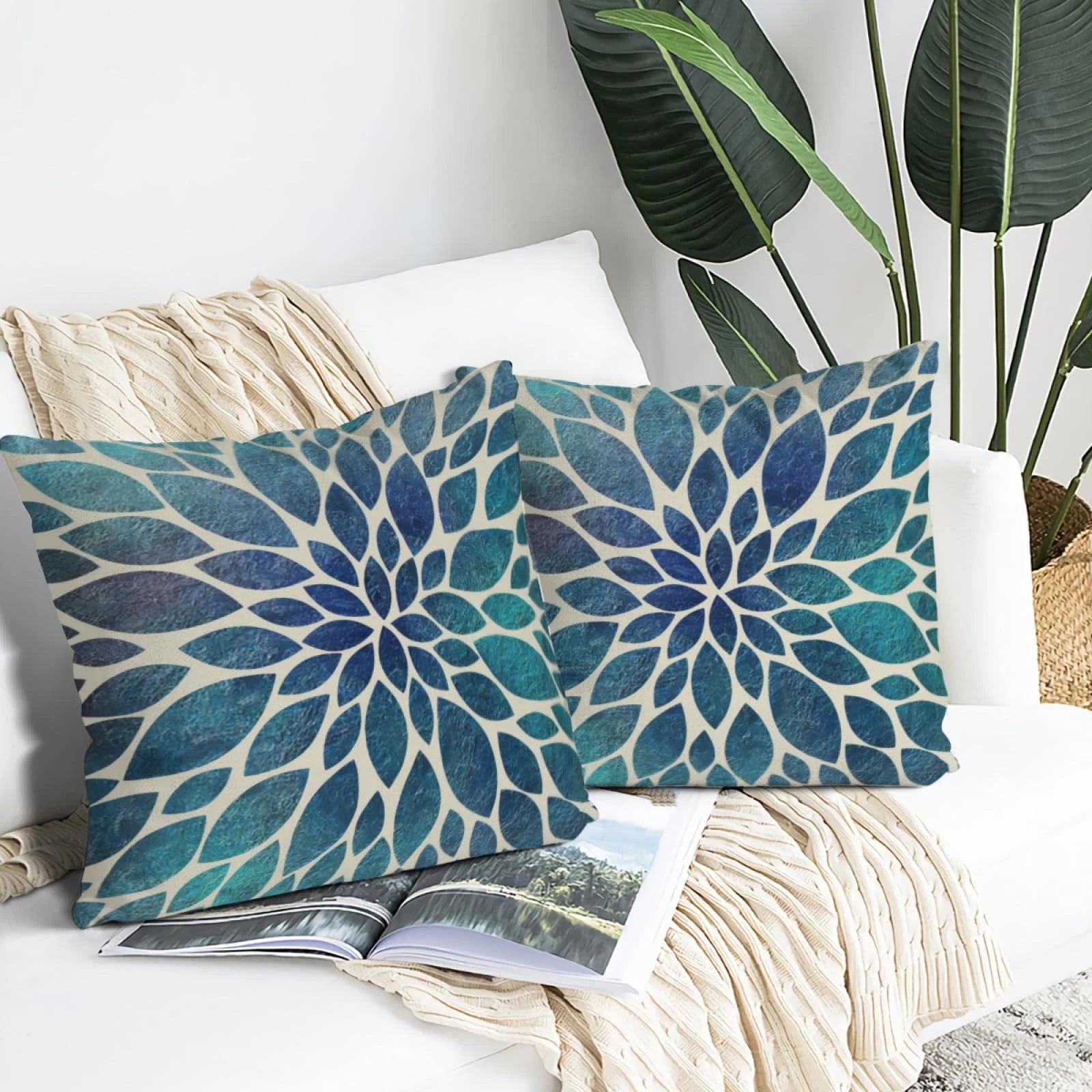 Navy Blue Teal Dahlia Pillow Covers 18X18''Spring Summer Floral Couch Pillow ...