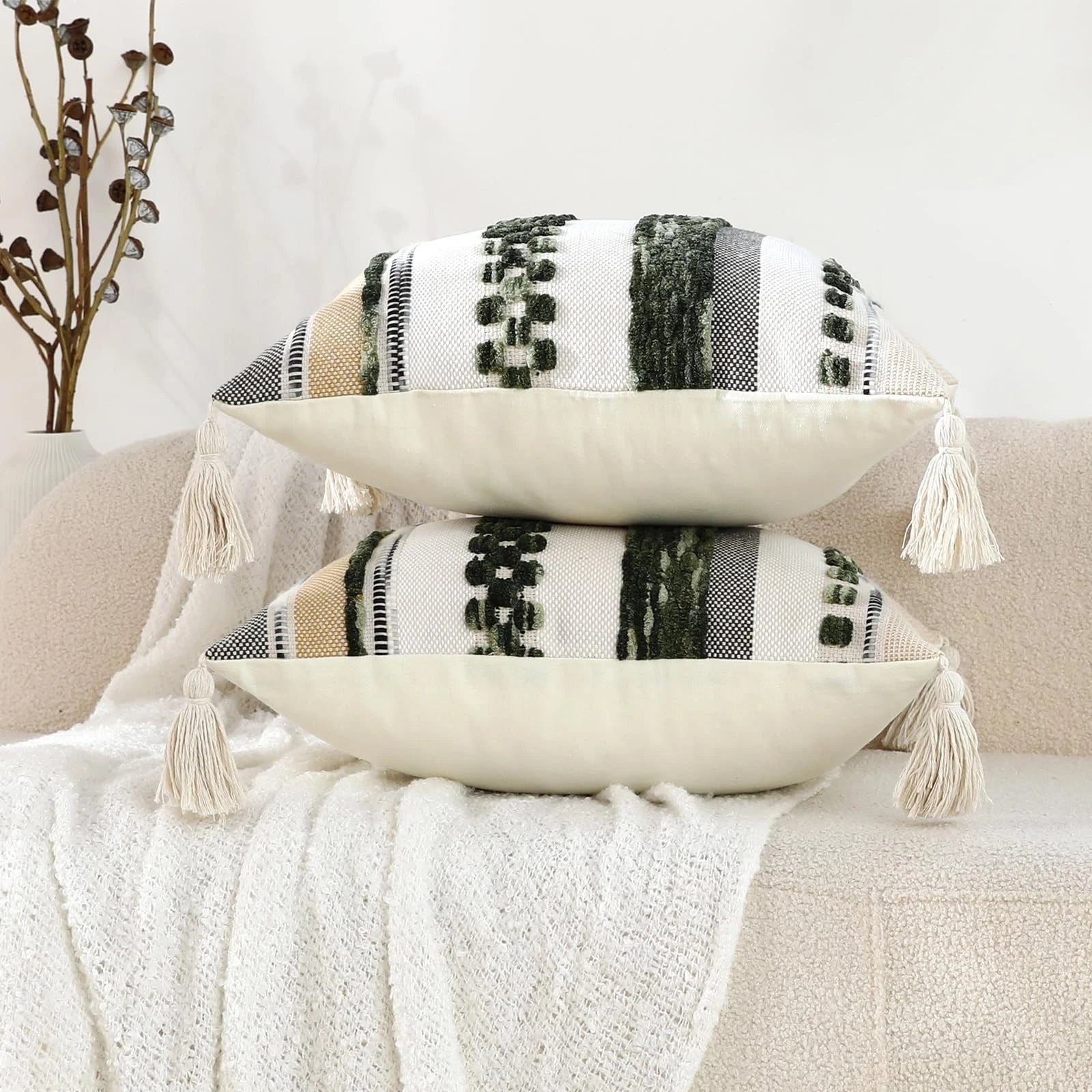Set of 2 Boho Throw Pillow Covers 18x18 inch Woven Tufted Farmhouse Pillows C...