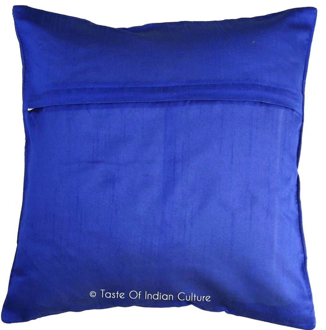 16" Indian Mandala Printed Dupioni Silk With Brocade Cushion Cover Royal Blue