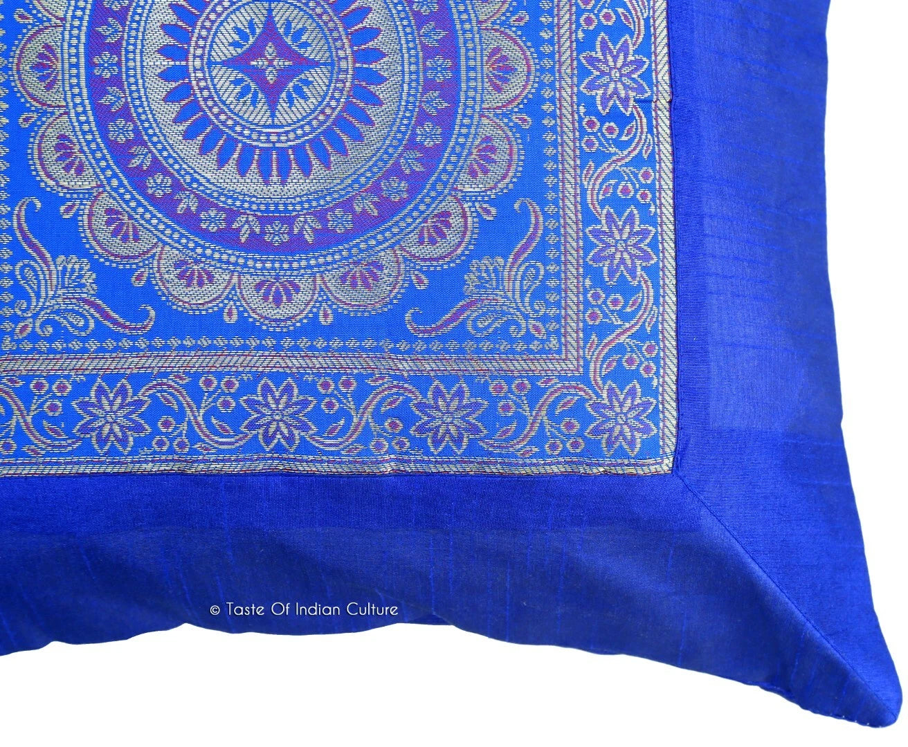 16" Indian Mandala Printed Dupioni Silk With Brocade Cushion Cover Royal Blue
