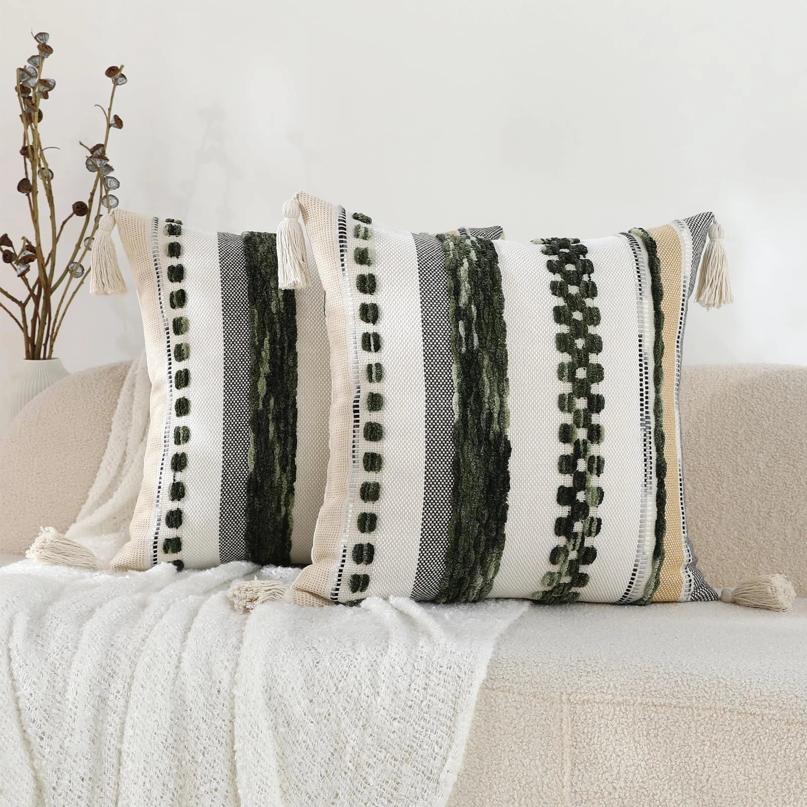 Set of 2 Boho Throw Pillow Covers 18x18 inch Woven Tufted Farmhouse Pillows C...