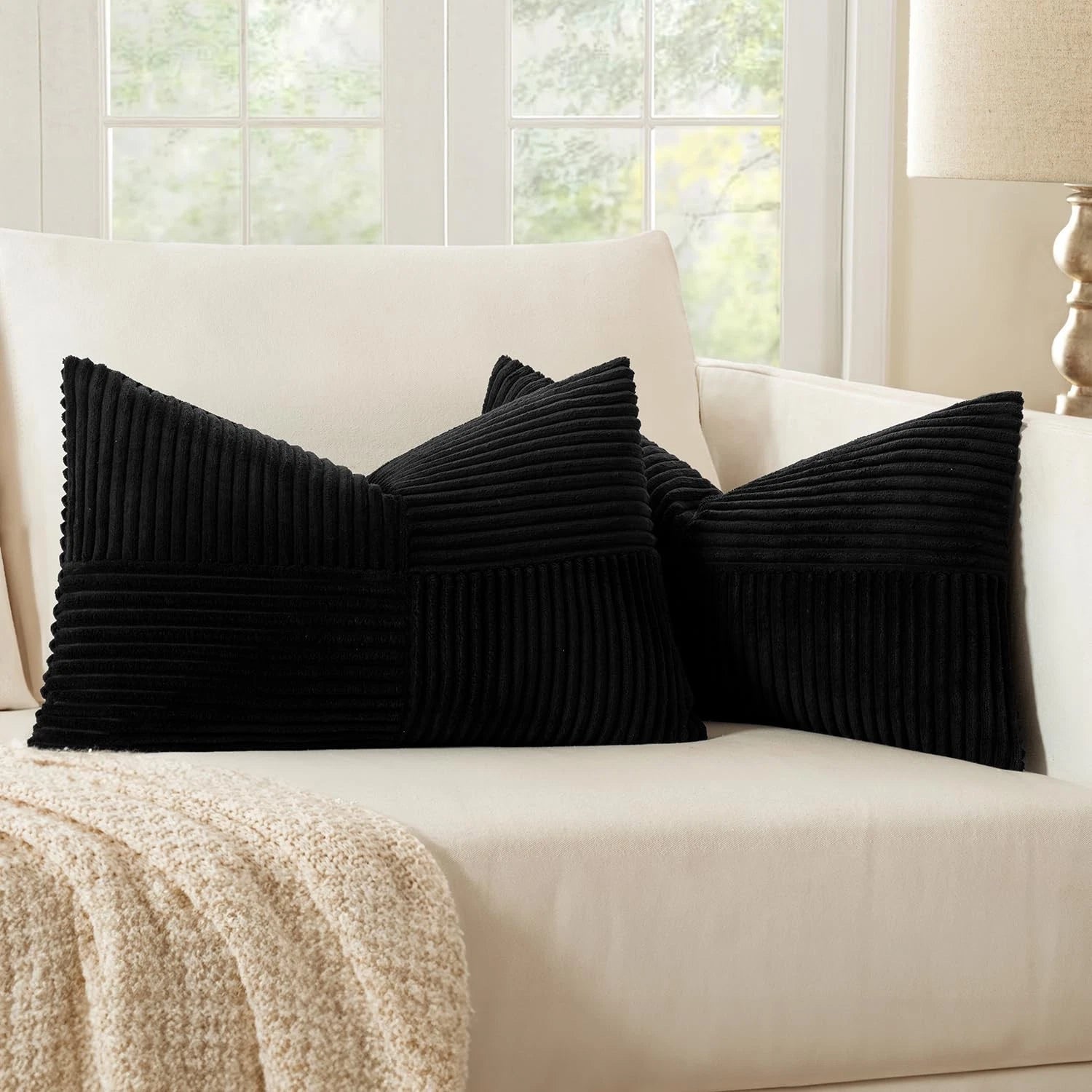 MIULEE Black Corduroy Pillow Covers Pack of 2 Boho Decorative Spliced Throw P...