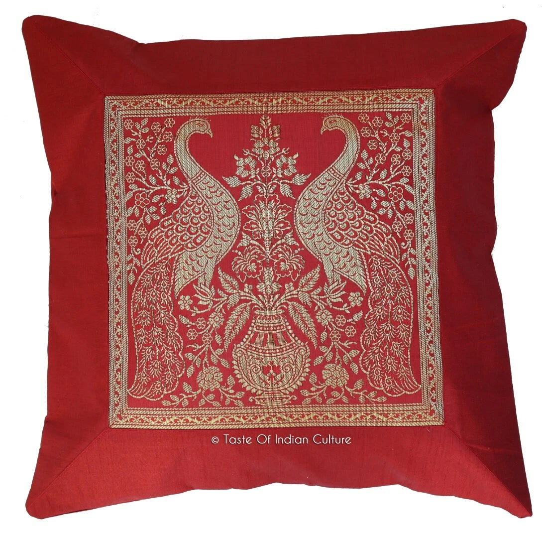 16" Indian Peacock Printed Silk Brocade With Dupion Silk Cushion Cover Dark Red