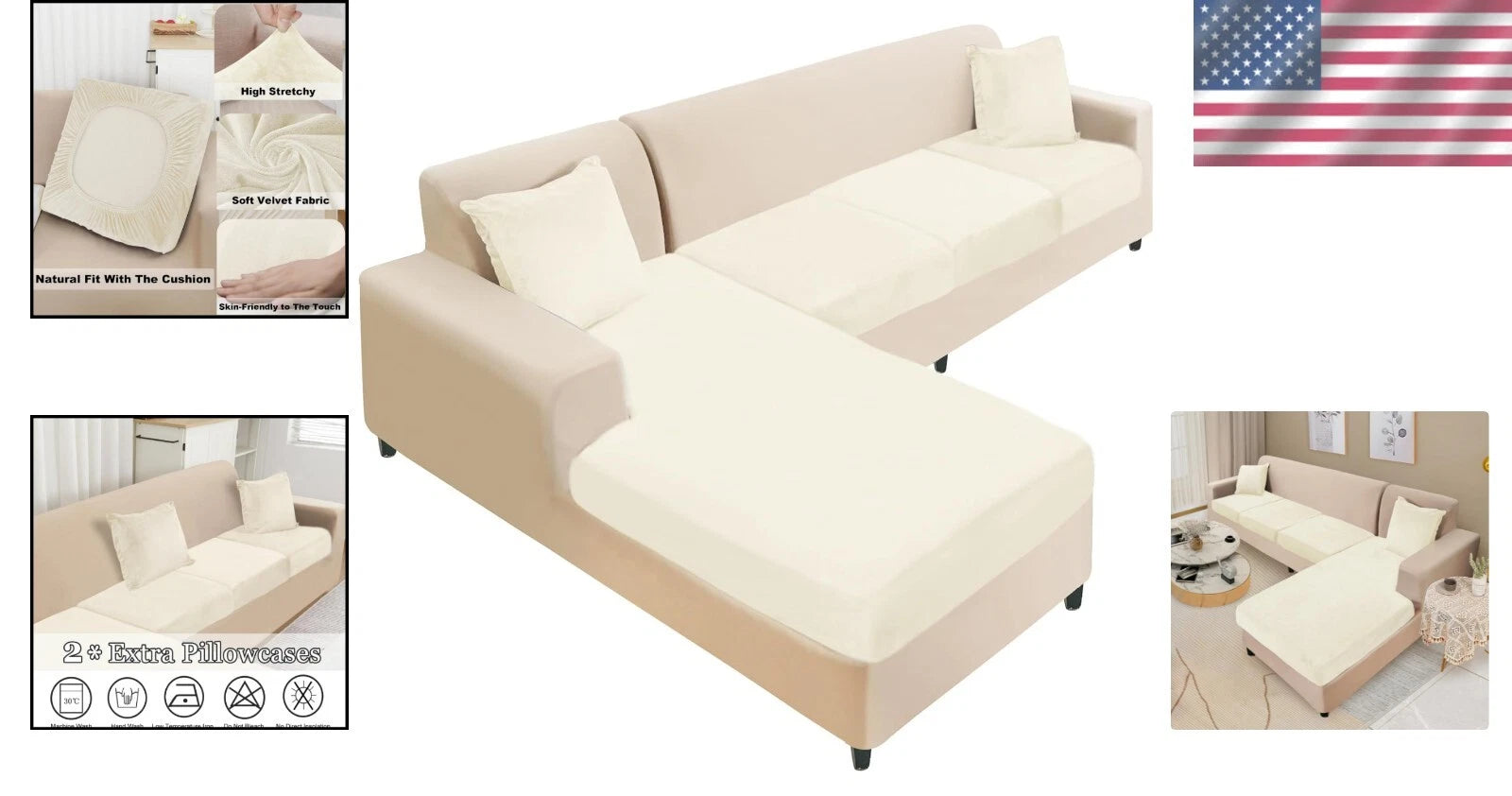 Universal Stretch Velvet L-Shape Couch Slipcovers with 2 Pillowcases - Cream