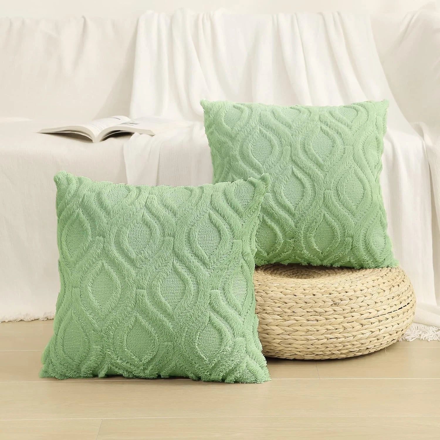 decorUhome Throw Pillow Covers 12x20 Inch Set of 2, Soft Plush Faux Wool Sage...