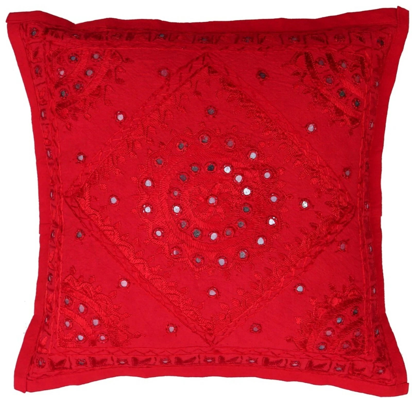 16" Decorative Mirror Embroidered Pucca Cushion Pillow-Cover Sofa Throw Red